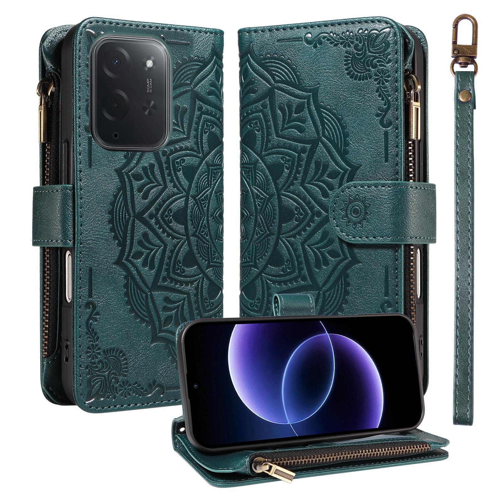 For Xiaomi Poco C95 Pro Mandala Embossed 9-Card Zipper RFID Vegan Leather Phone Case with Short Lanyard(Green) - Shopkiz.com