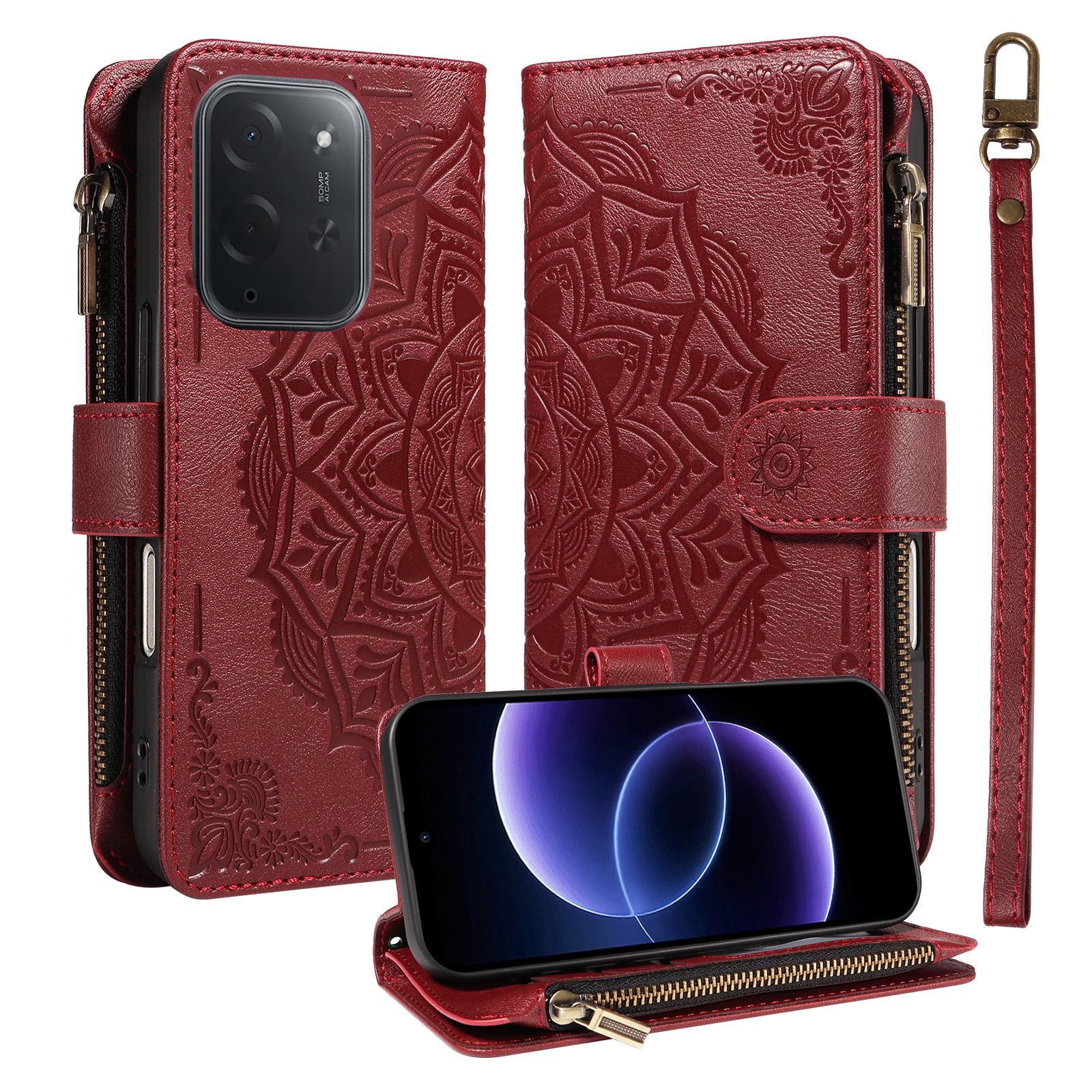 For Xiaomi Poco C95 Pro Mandala Embossed 9-Card Zipper RFID Vegan Leather Phone Case with Short Lanyard(Wine Red) - Shopkiz.com