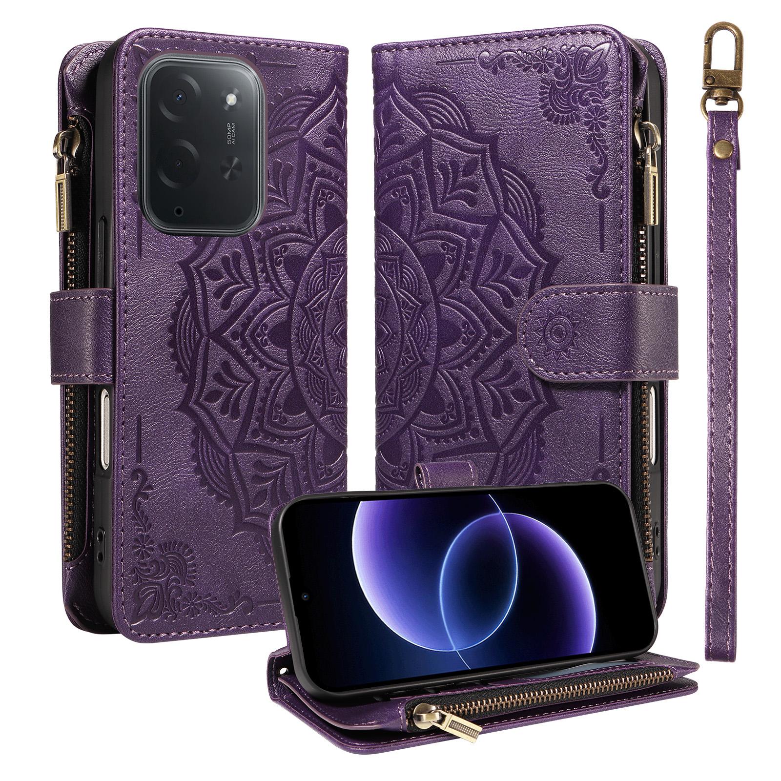For Xiaomi Poco C95 Pro Mandala Embossed 9-Card Zipper RFID Vegan Leather Phone Case with Short Lanyard(Purple) - Shopkiz.com