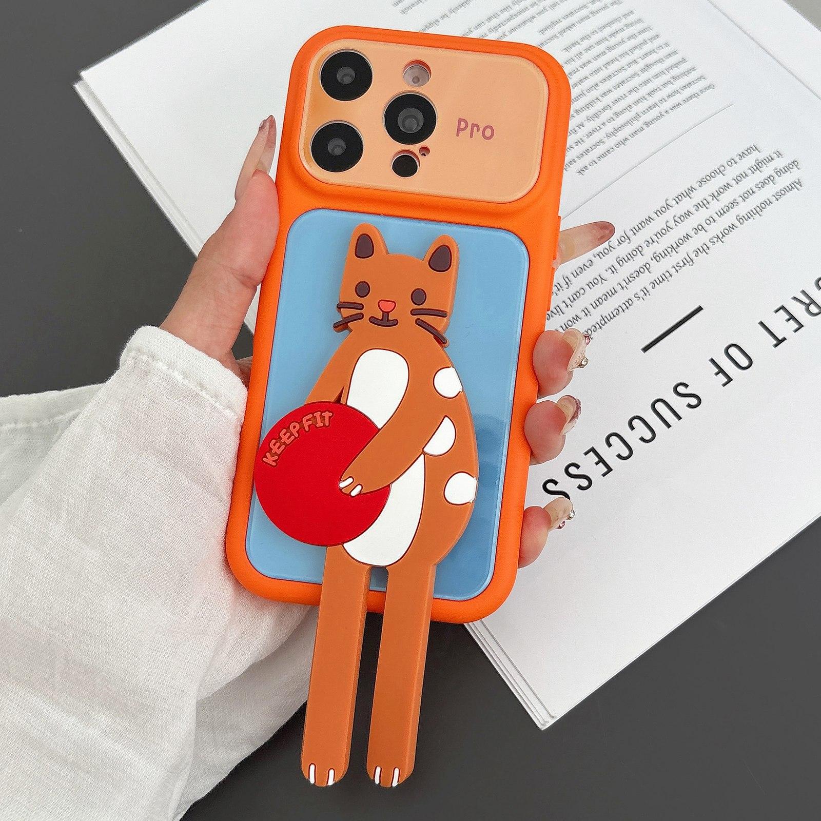 For iPhone 14 Pro Max Color Block Animal Holder Phone Case(Blue Orange)