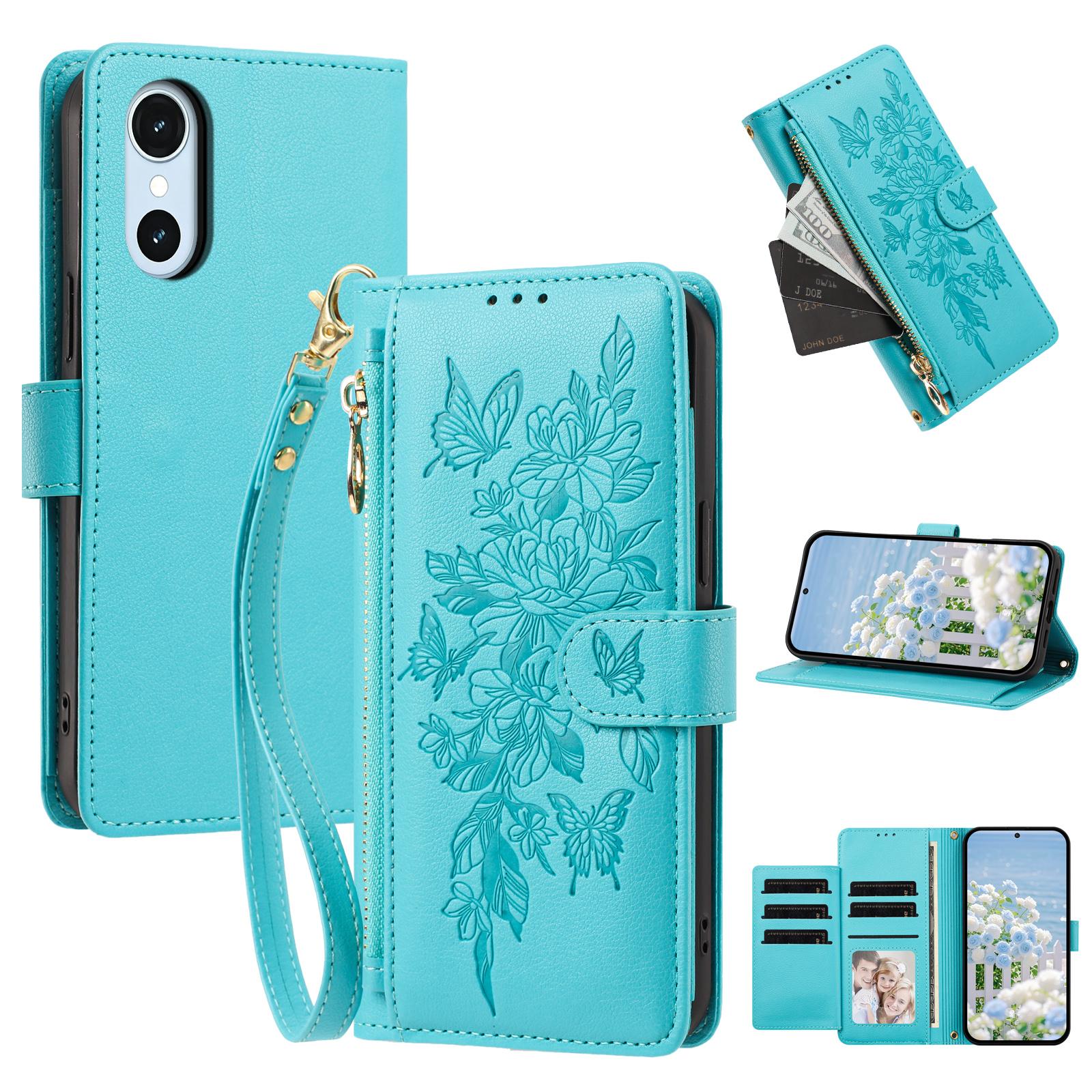 For Fujitsu Arrows We3 Butterfly Flower Zipper Wallet Vegan Leather Phone Case with Strap(Lake Blue) - Shopkiz.com