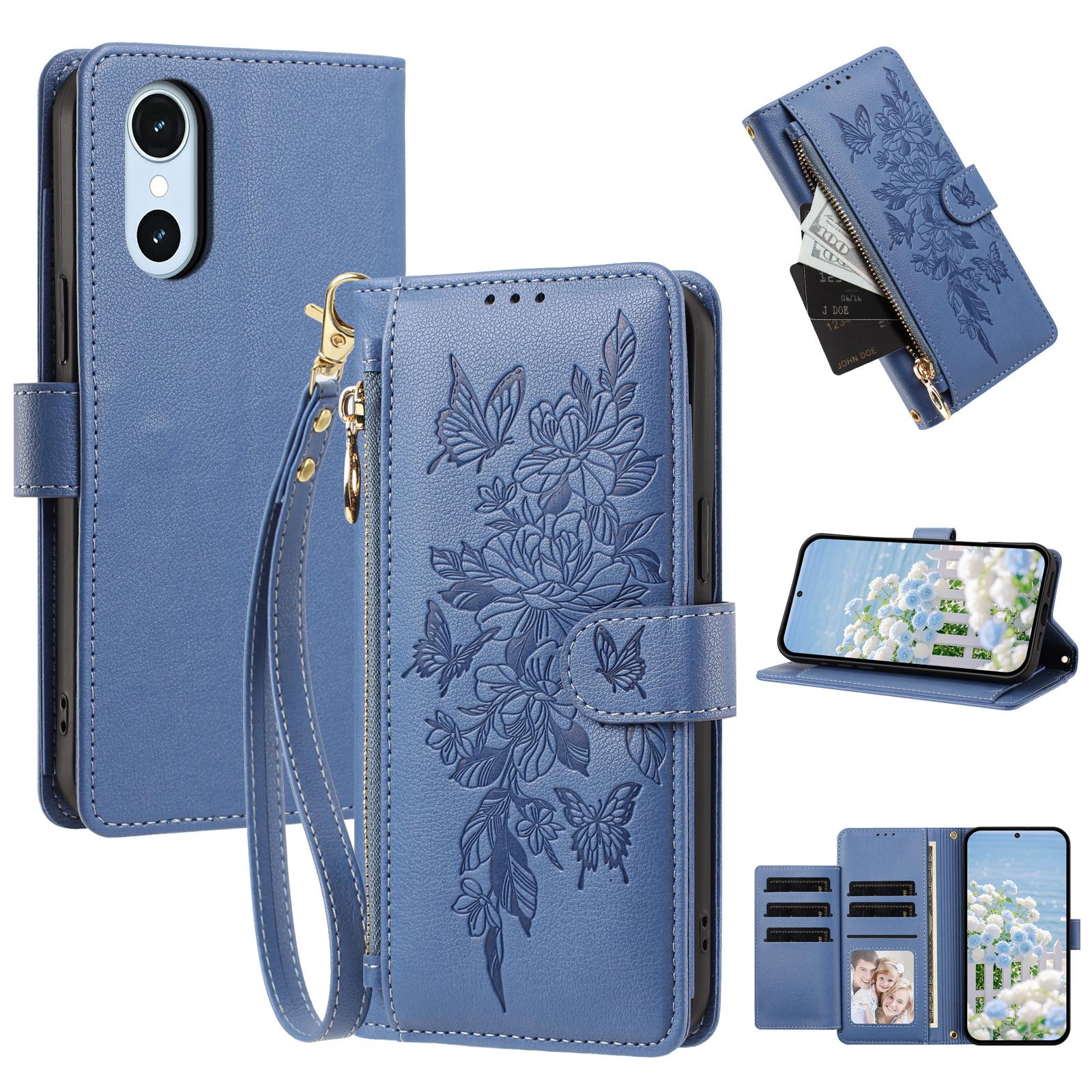 For Fujitsu Arrows We3 Butterfly Flower Zipper Wallet Vegan Leather Phone Case with Strap(Dark Blue) - Shopkiz.com
