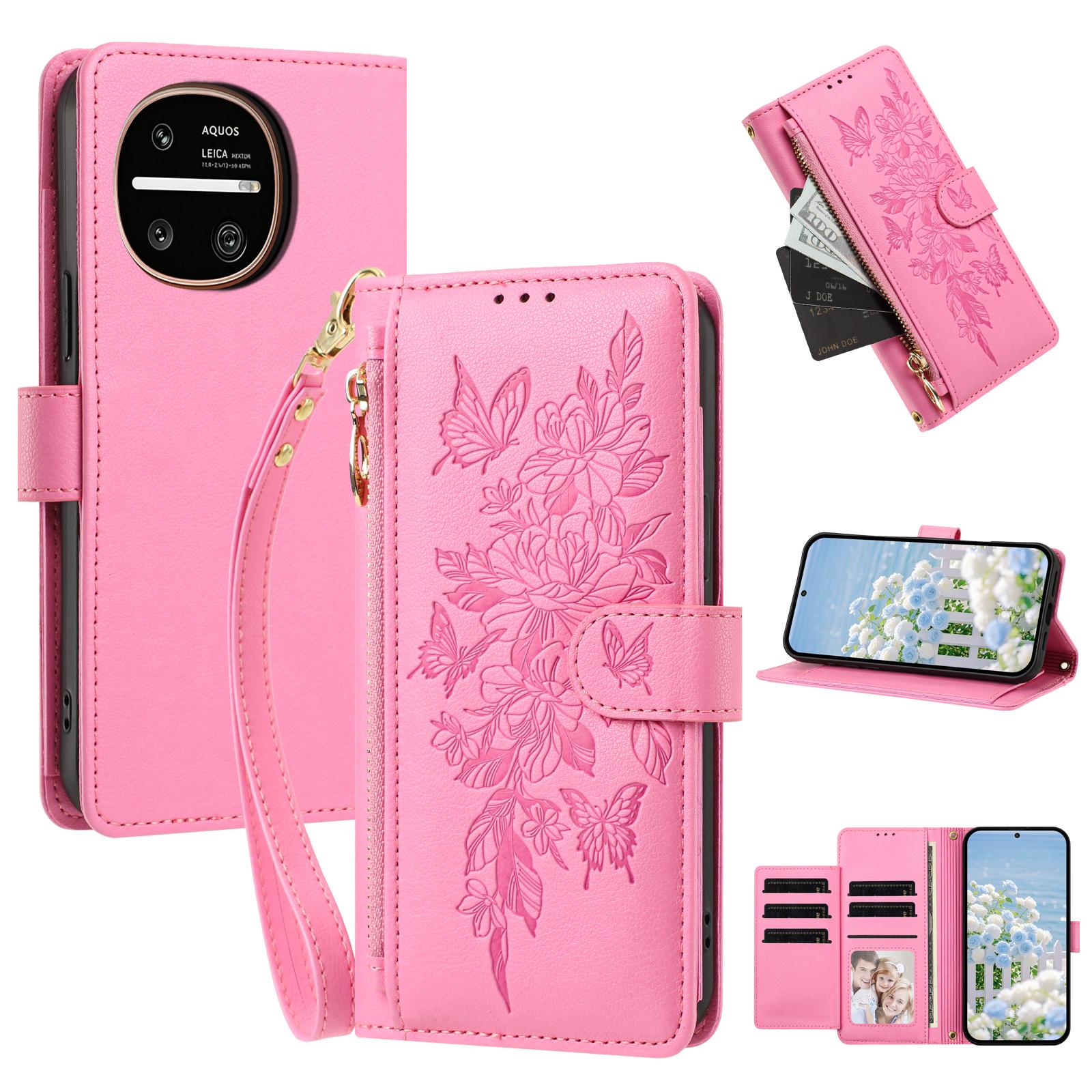 For Sharp Aquos R11 Butterfly Flower Zipper Wallet Vegan Leather Phone Case with Strap(Pink) - Shopkiz.com