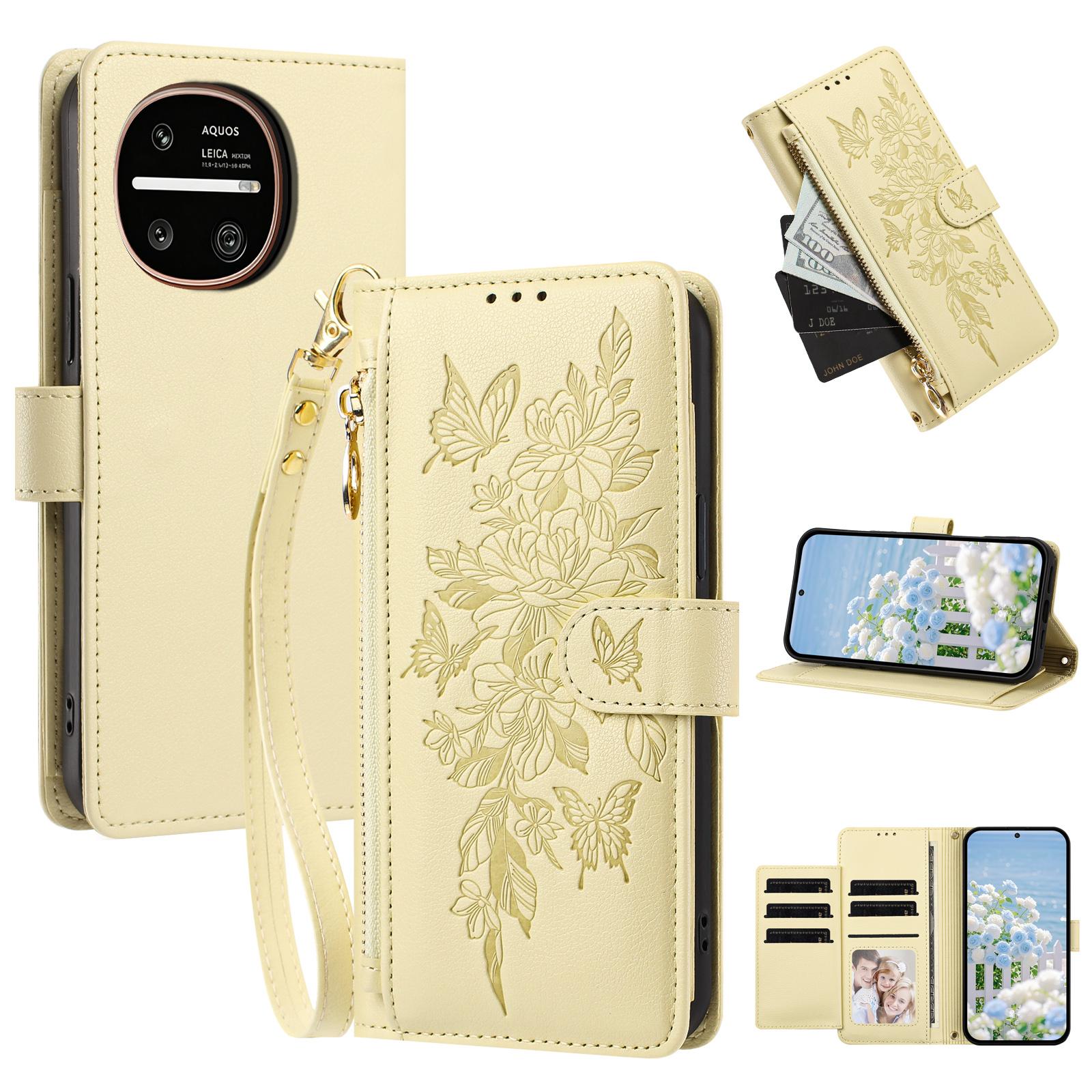 For Sharp Aquos R11 Butterfly Flower Zipper Wallet Vegan Leather Phone Case with Strap(Yellow) - Shopkiz.com