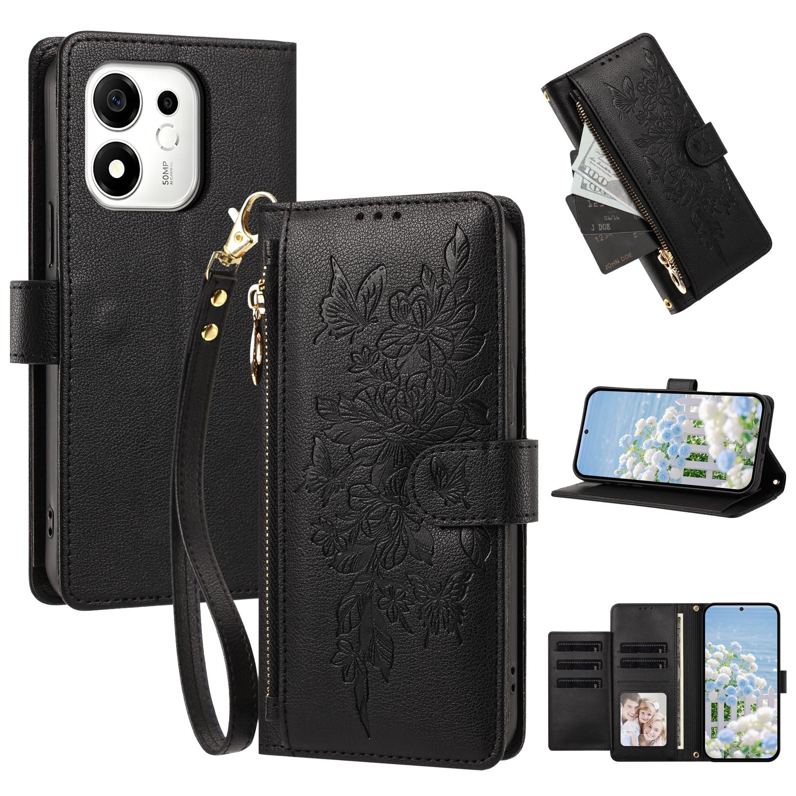 For Honor 600 Smart 5G Global Butterfly Flower Zipper Wallet Vegan Leather Phone Case with Strap(Black) - Shopkiz.com