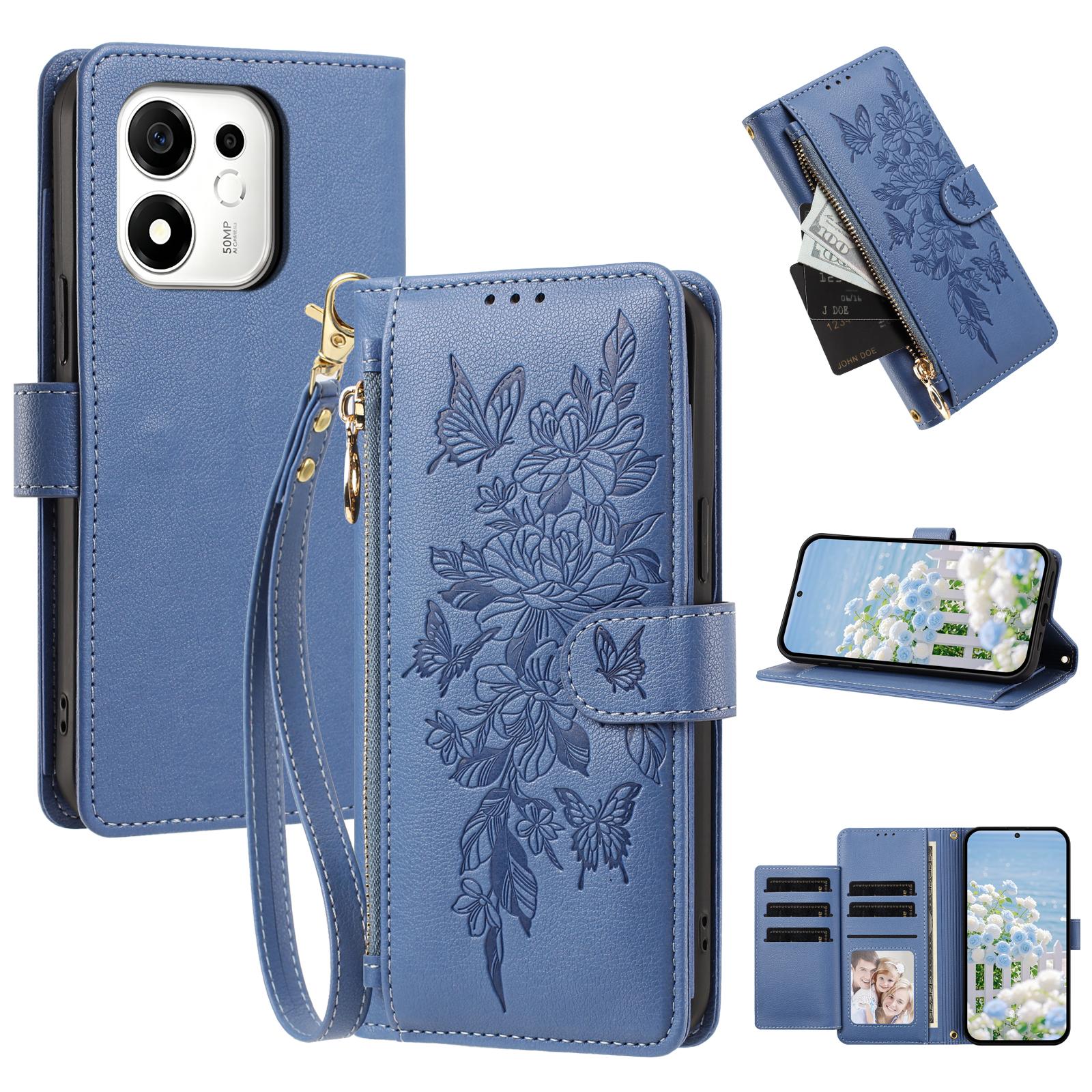 For Honor 600 Smart 5G Global Butterfly Flower Zipper Wallet Vegan Leather Phone Case with Strap(Dark Blue) - Shopkiz.com