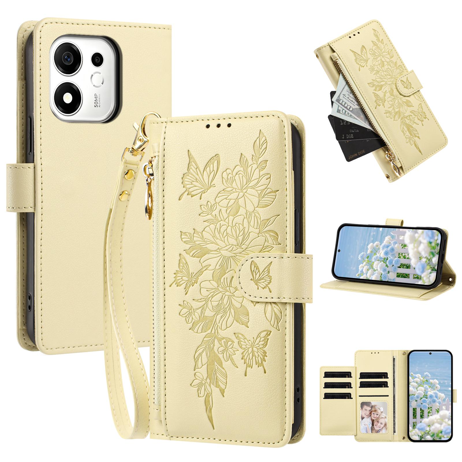 For Honor 600 Smart 5G Global Butterfly Flower Zipper Wallet Vegan Leather Phone Case with Strap(Yellow) - Shopkiz.com
