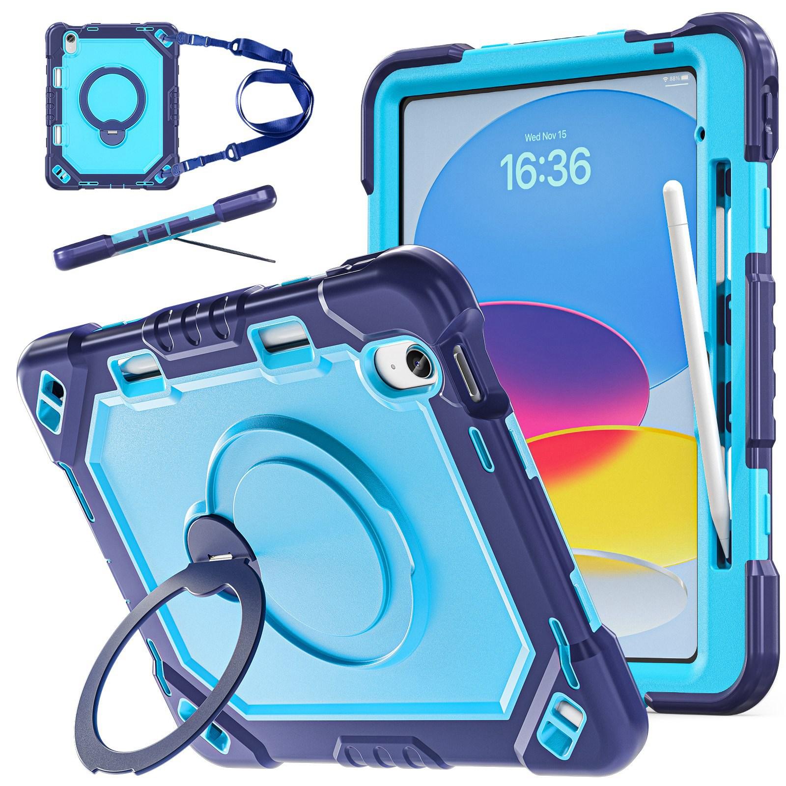 For iPad 2025 / 2022 Heavy Duty Tablet Case with Pen Slot & Strap & Holder(Navy Blue Blue) - Shopkiz.com