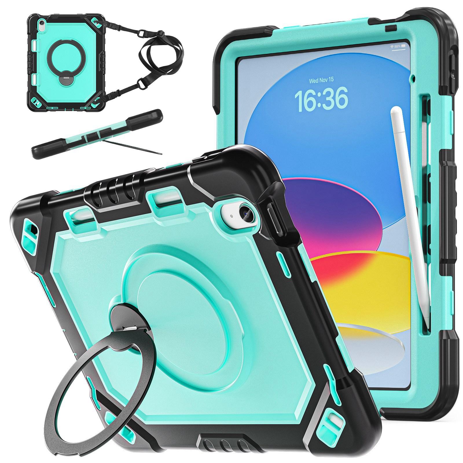 For iPad 2025 / 2022 Heavy Duty Tablet Case with Pen Slot & Strap & Holder(Black Mint Green) - Shopkiz.com