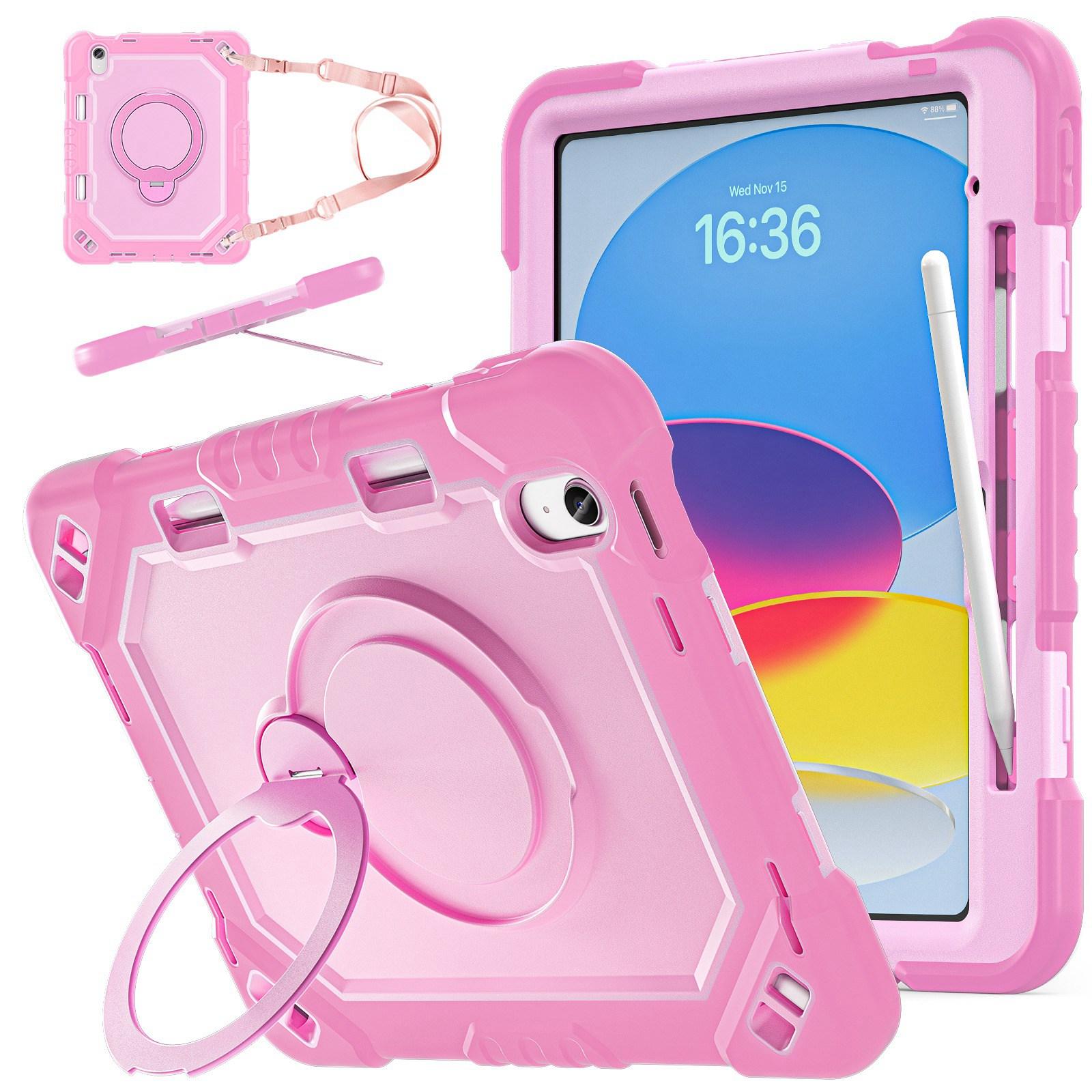For iPad 2025 / 2022 Heavy Duty Tablet Case with Pen Slot & Strap & Holder(Rose Gold) - Shopkiz.com