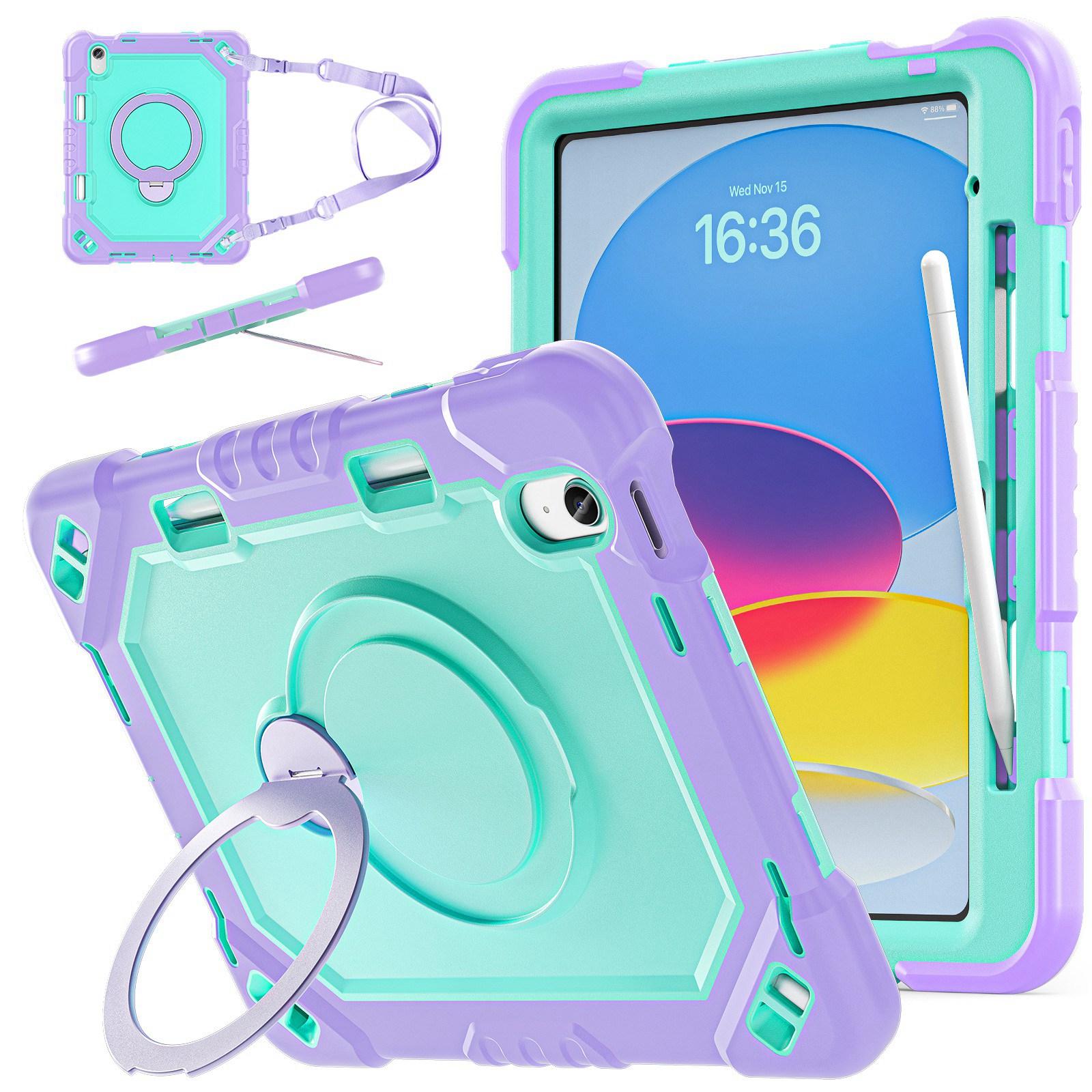 For iPad 2025 / 2022 Heavy Duty Tablet Case with Pen Slot & Strap & Holder(Taro Purple Mint Green) - Shopkiz.com