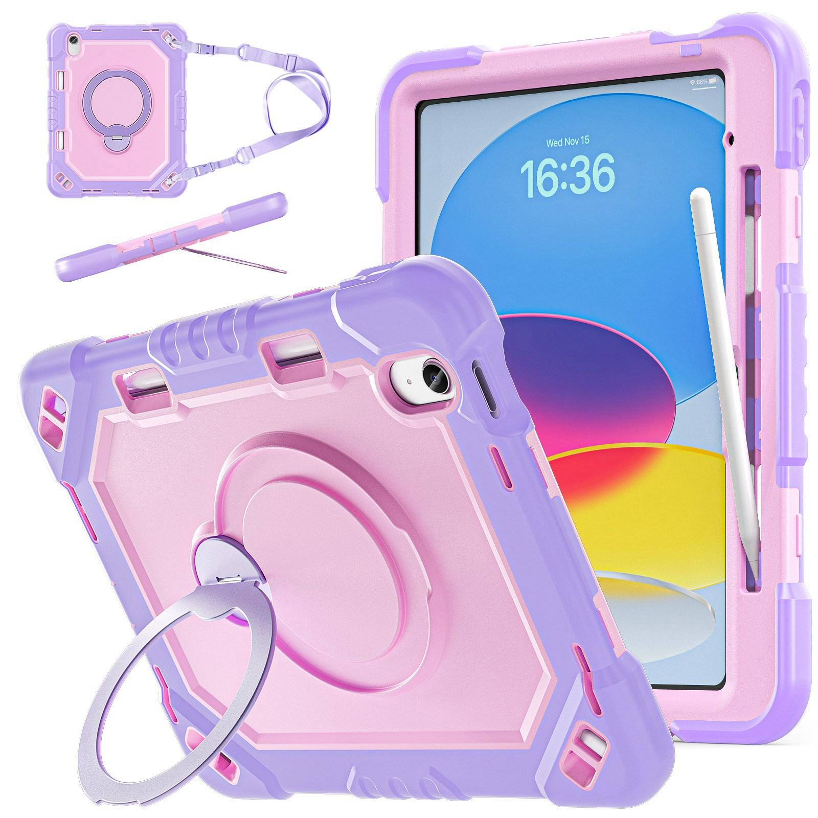 For iPad 2025 / 2022 Heavy Duty Tablet Case with Pen Slot & Strap & Holder(Taro Purple Rose Gold) - Shopkiz.com