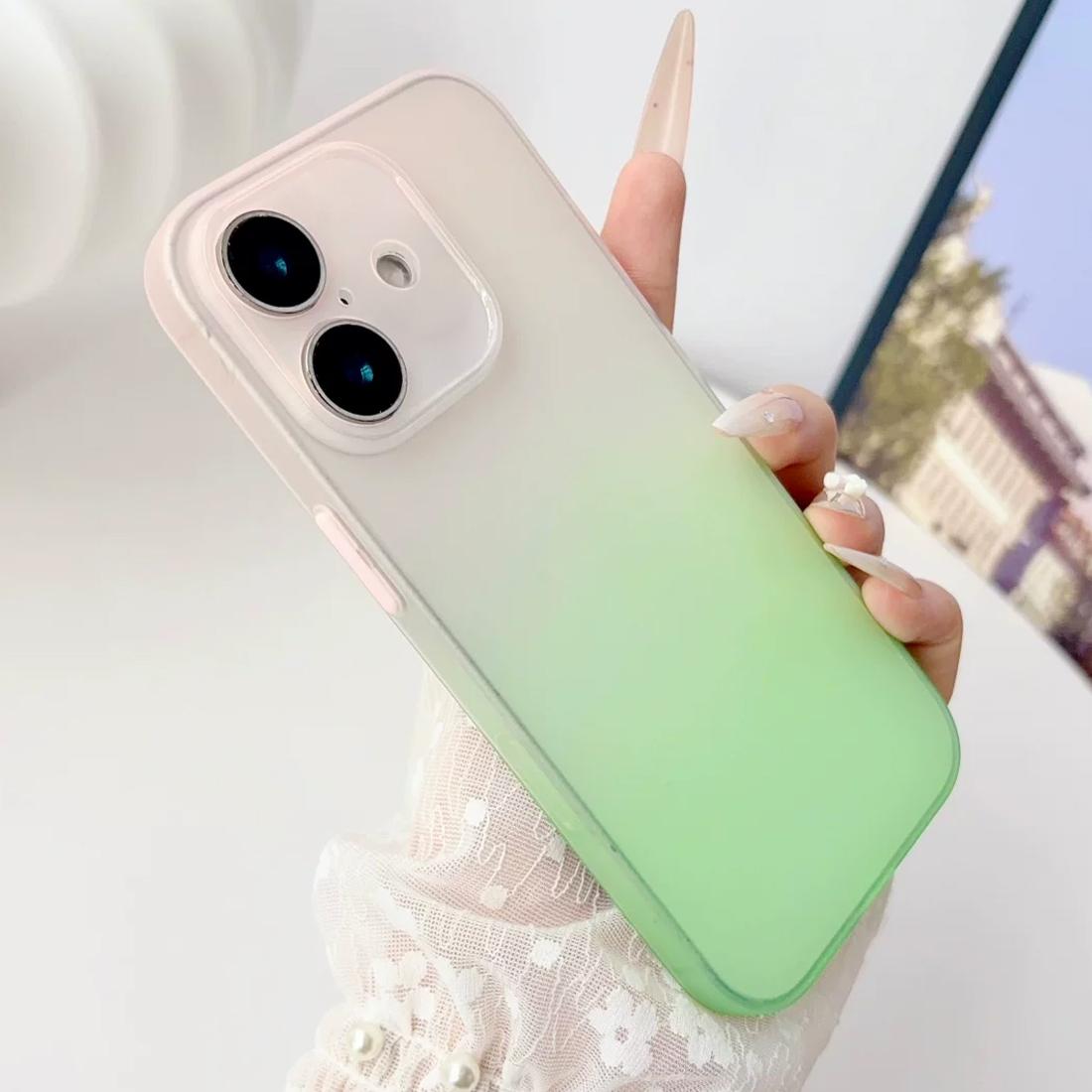 For iPhone 16 Plus Gradient Frosted TPU Full Coverage Phone Case(Pink Green) - Shopkiz.com