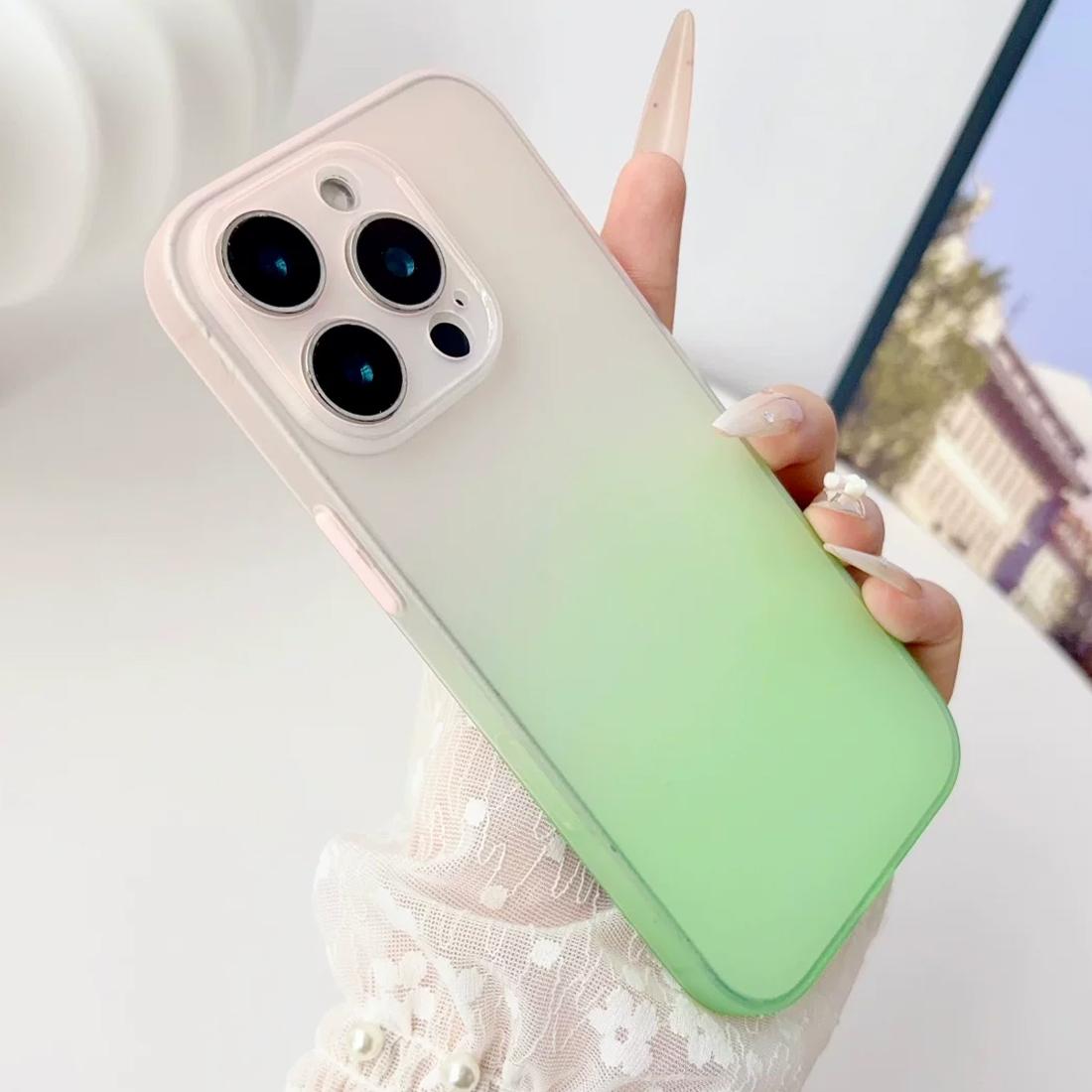 For iPhone 14 Pro Max Gradient Frosted TPU Full Coverage Phone Case(Pink Green) - Shopkiz.com