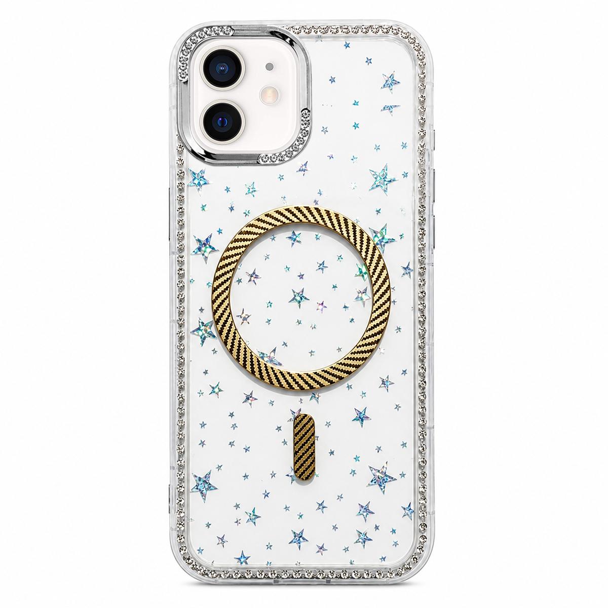 For iPhone 12 Star Pattern Rhinestone Carbon Fiber Magnetic Ring Phone Case(Yellow) - Shopkiz.com