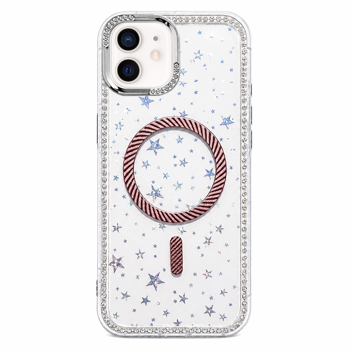 For iPhone 12 Star Pattern Rhinestone Carbon Fiber Magnetic Ring Phone Case(Pink) - Shopkiz.com
