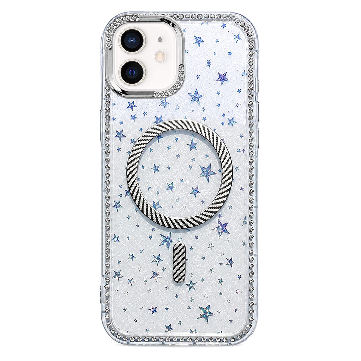 For iPhone 12 Star Pattern Rhinestone Carbon Fiber Magnetic Ring Phone Case(White) - Shopkiz.com