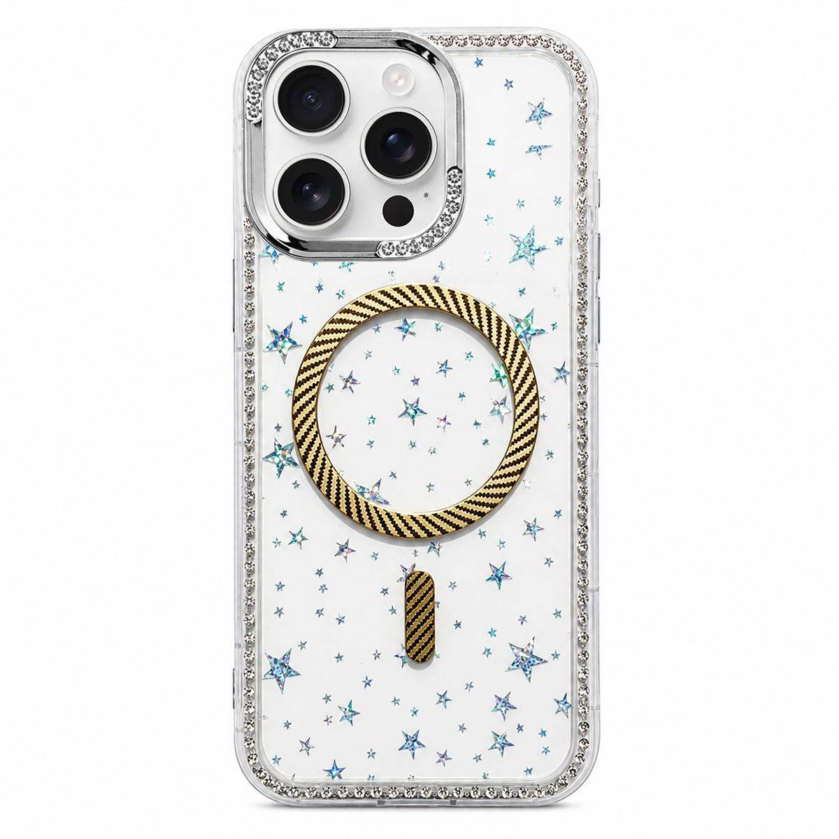 For iPhone 12 Pro Max Star Pattern Rhinestone Carbon Fiber Magnetic Ring Phone Case(Yellow) - Shopkiz.com