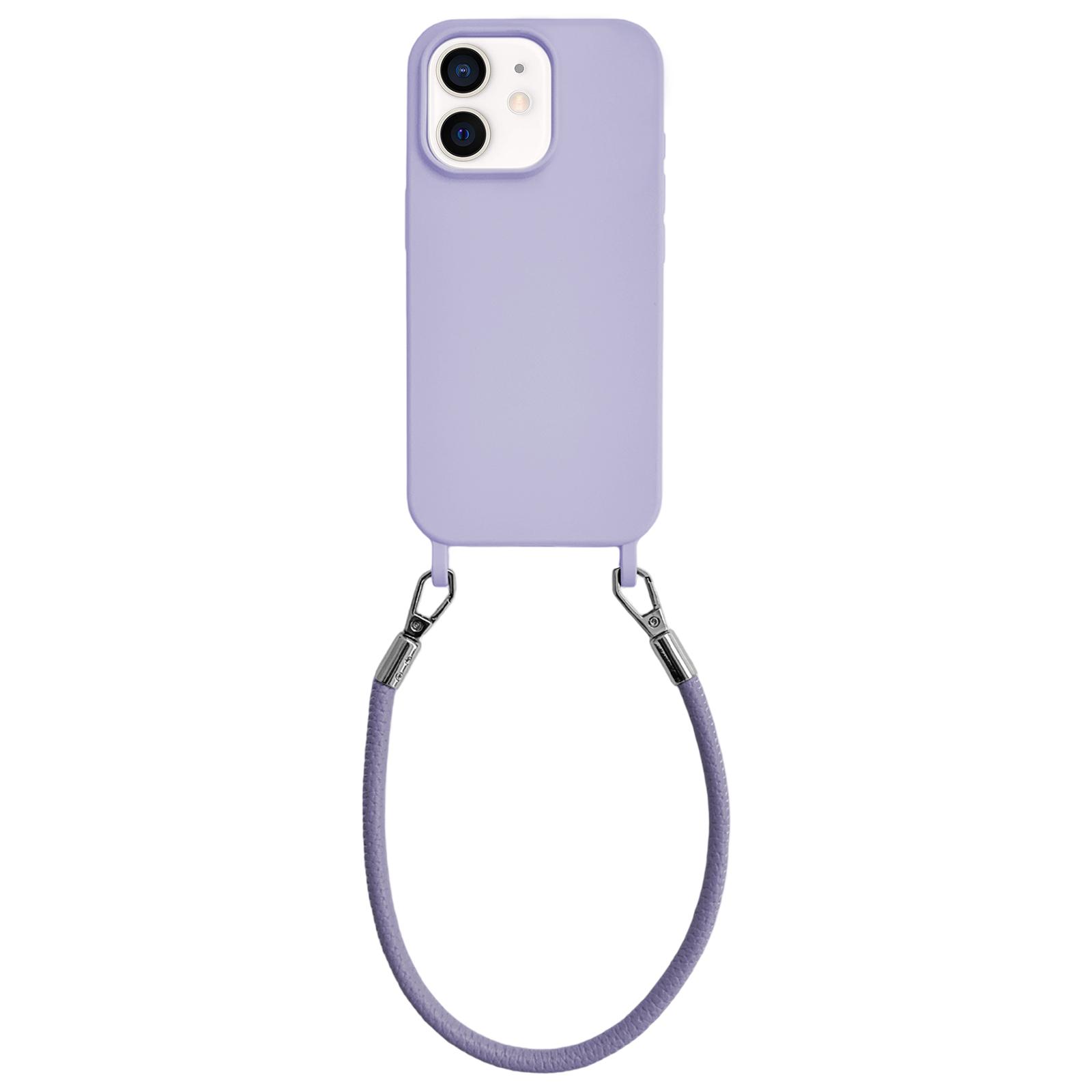 For iPhone 12 Integrated Lanyard Loops Shockproof Silicone Phone Case with Leather Hand Lanyard(Purple) - Shopkiz.com