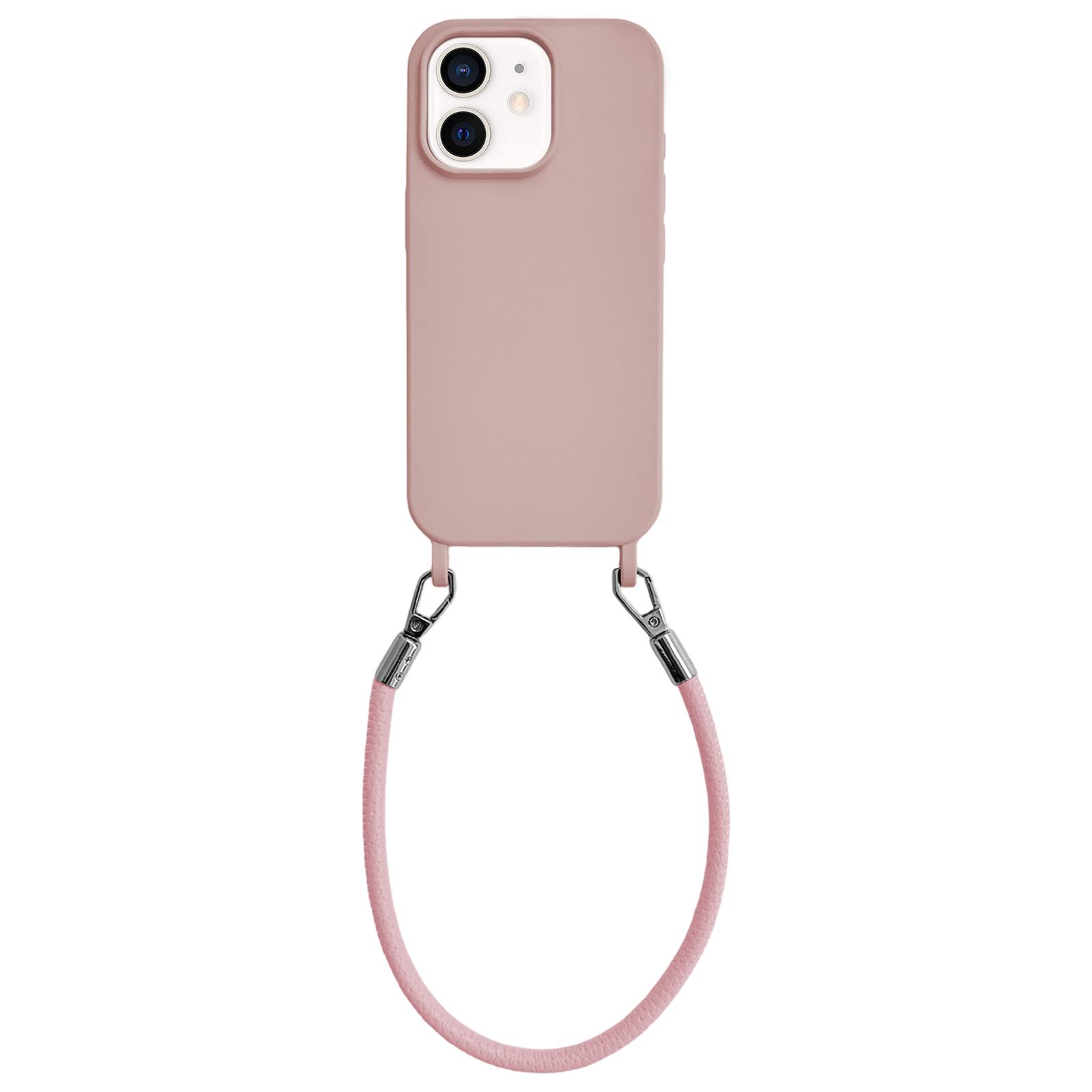 For iPhone 12 Integrated Lanyard Loops Shockproof Silicone Phone Case with Leather Hand Lanyard(Pink) - Shopkiz.com