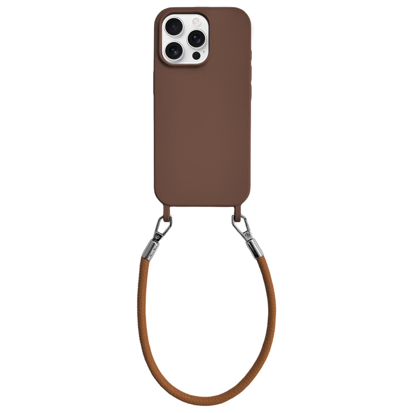For iPhone 12 Pro Max Integrated Lanyard Loops Shockproof Silicone Phone Case with Leather Hand Lanyard(Coffee) - Shopkiz.com