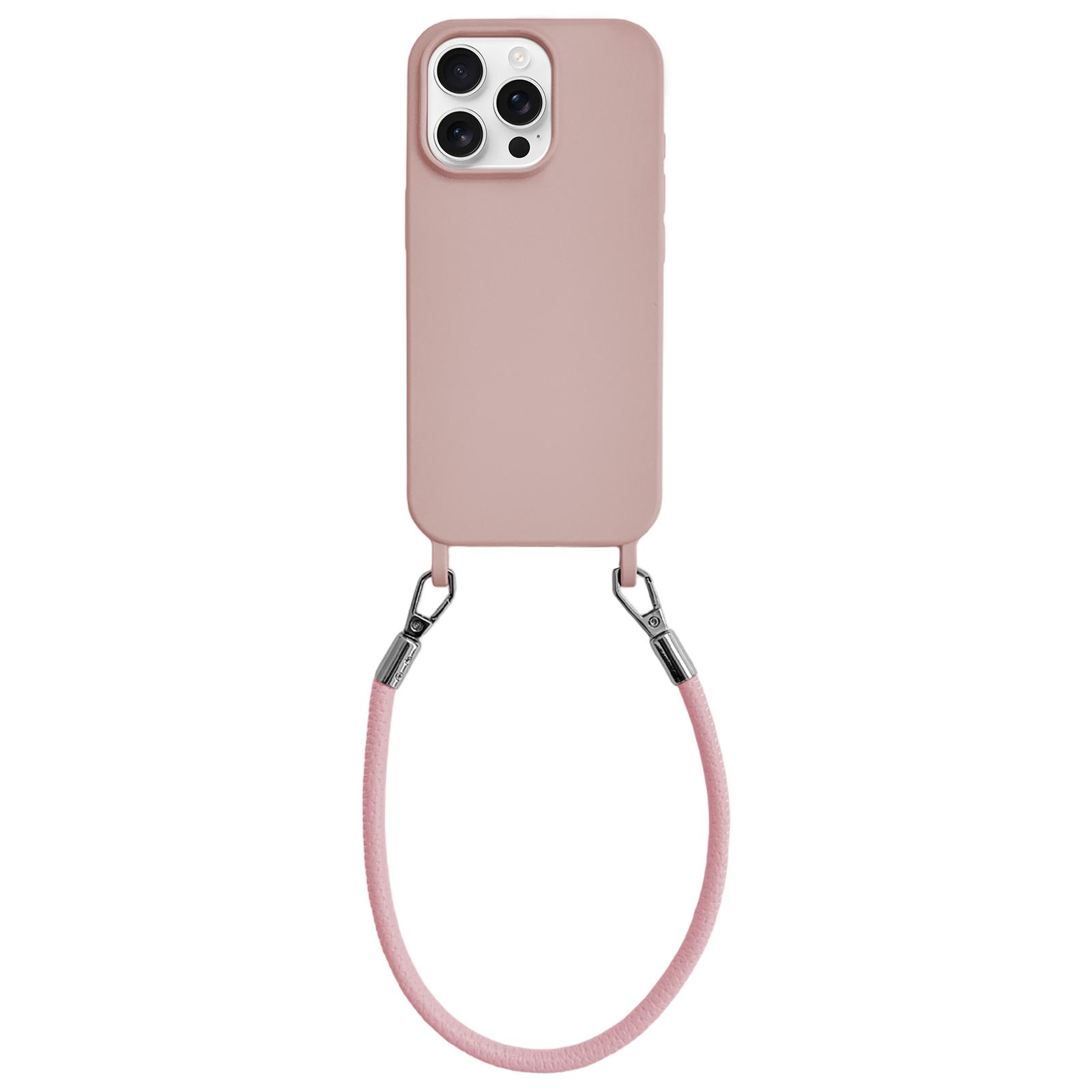For iPhone 12 Pro Max Integrated Lanyard Loops Shockproof Silicone Phone Case with Leather Hand Lanyard(Pink) - Shopkiz.com