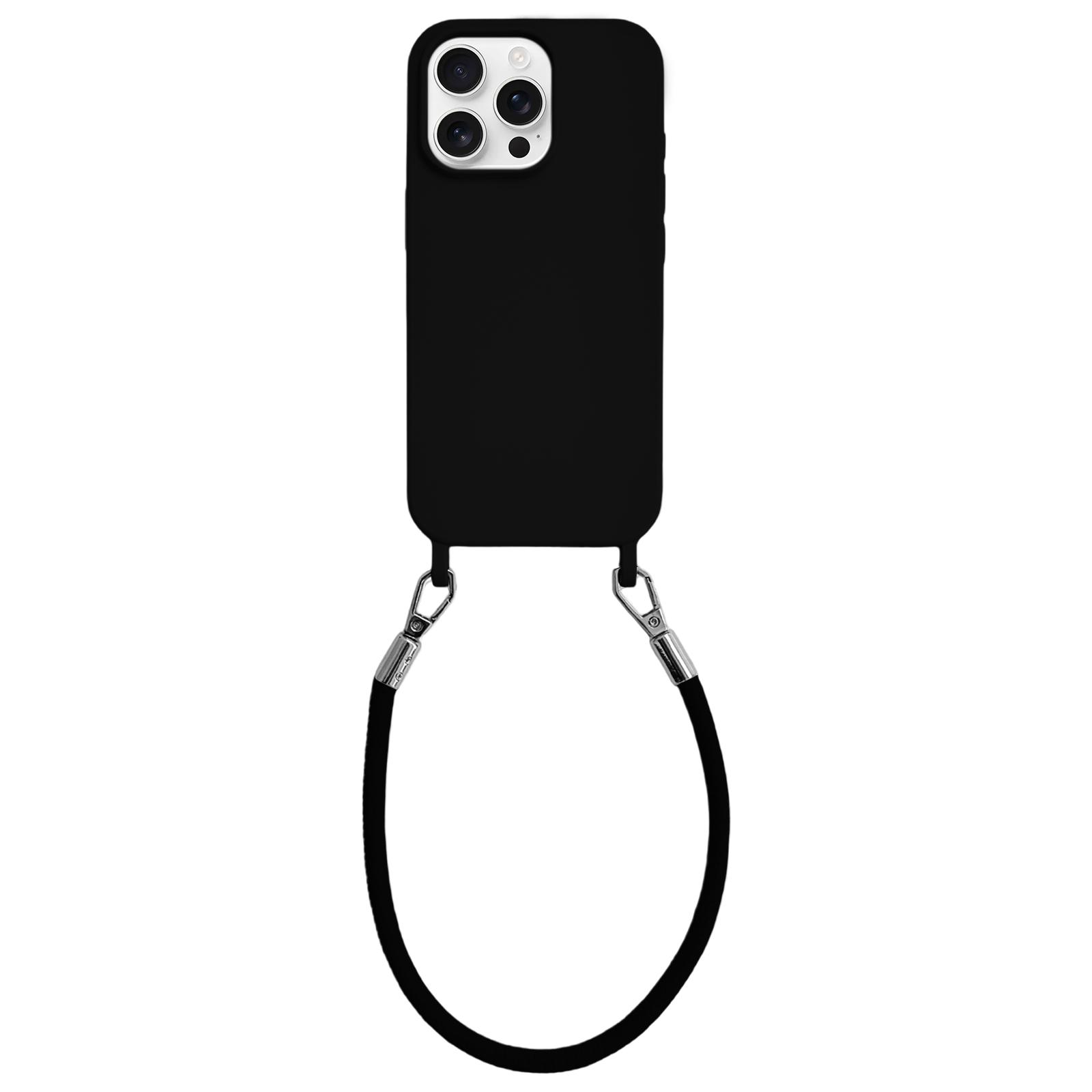 For iPhone 12 Pro Max Integrated Lanyard Loops Shockproof Silicone Phone Case with Leather Hand Lanyard(Black) - Shopkiz.com