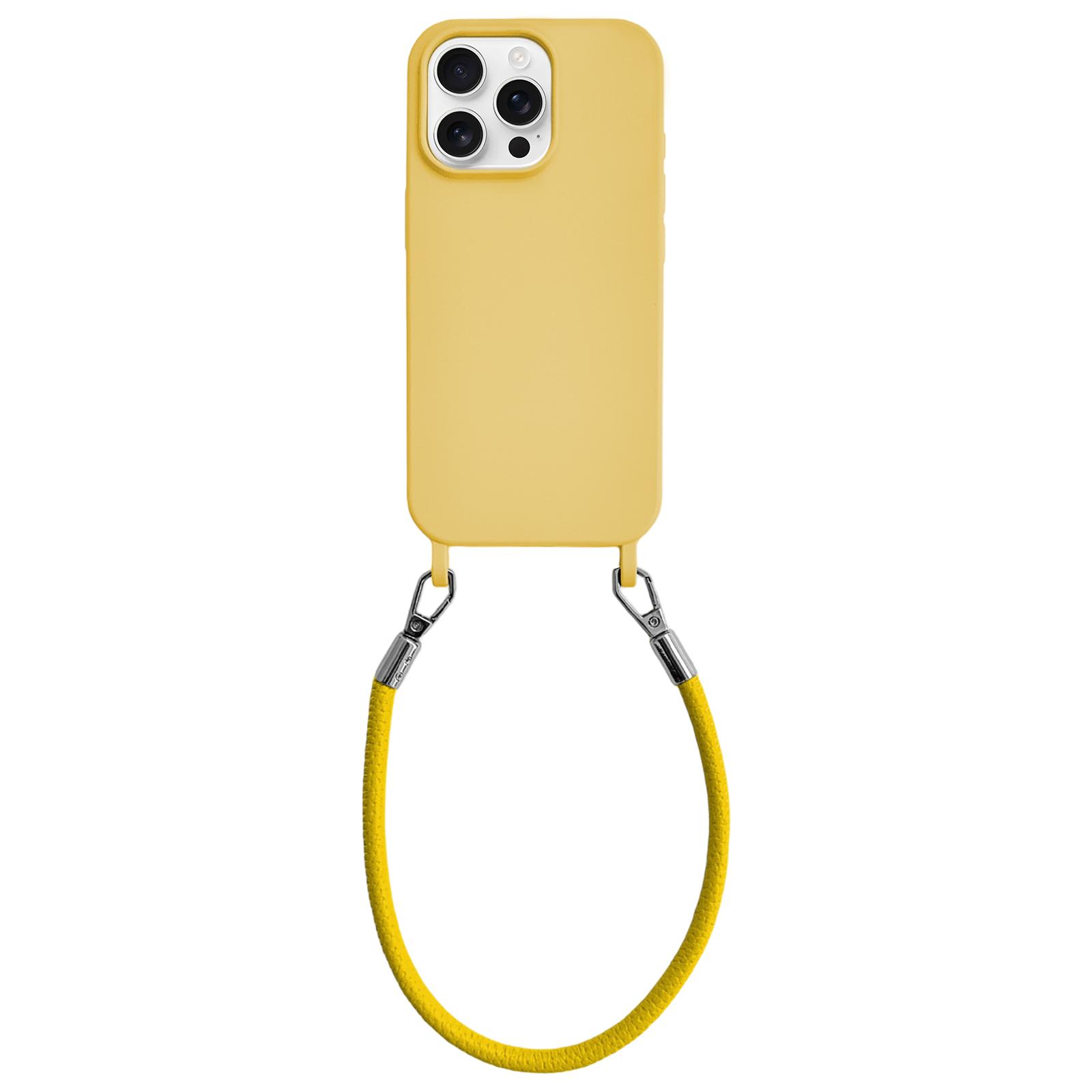 For iPhone 12 Pro Max Integrated Lanyard Loops Shockproof Silicone Phone Case with Leather Hand Lanyard(Yellow) - Shopkiz.com