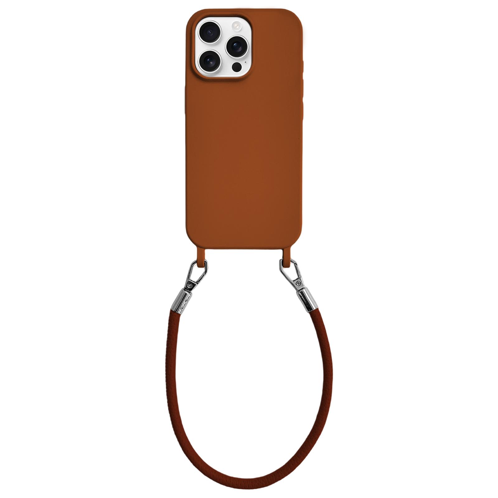 For iPhone 12 Pro Max Integrated Lanyard Loops Shockproof Silicone Phone Case with Leather Hand Lanyard(Brown) - Shopkiz.com