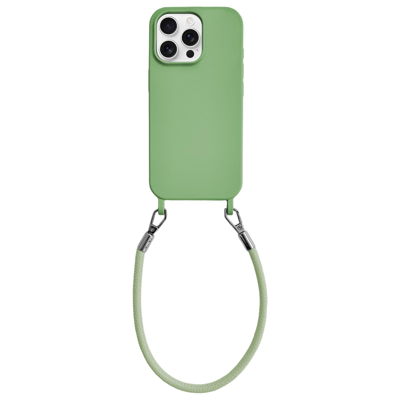For iPhone 12 Pro Max Integrated Lanyard Loops Shockproof Silicone Phone Case with Leather Hand Lanyard(Green) - Shopkiz.com