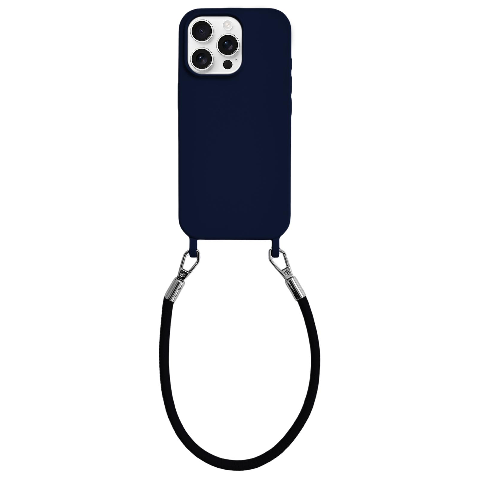 For iPhone 12 Pro Max Integrated Lanyard Loops Shockproof Silicone Phone Case with Leather Hand Lanyard(Dark Blue) - Shopkiz.com
