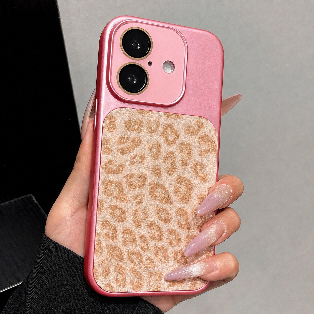 For iPhone 16 Plus Large Window Full Coverage Glitter Leopard Print Phone Case(Pink) - Shopkiz.com