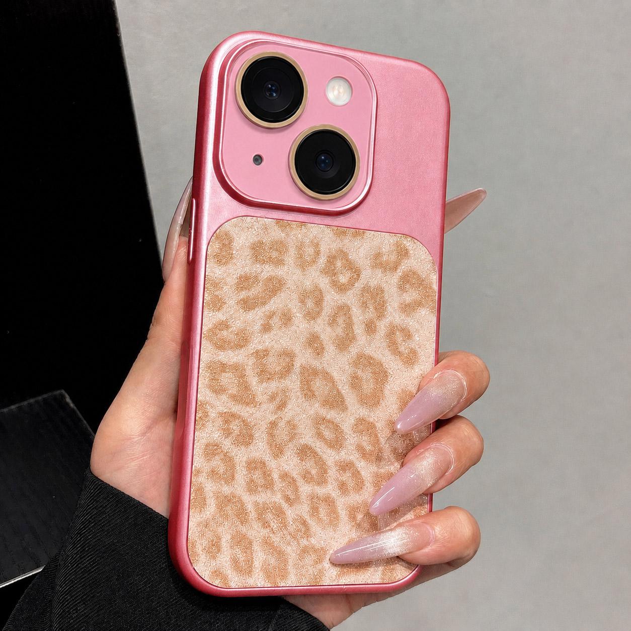 For iPhone 14 Plus Large Window Full Coverage Glitter Leopard Print Phone Case(Pink) - Shopkiz.com