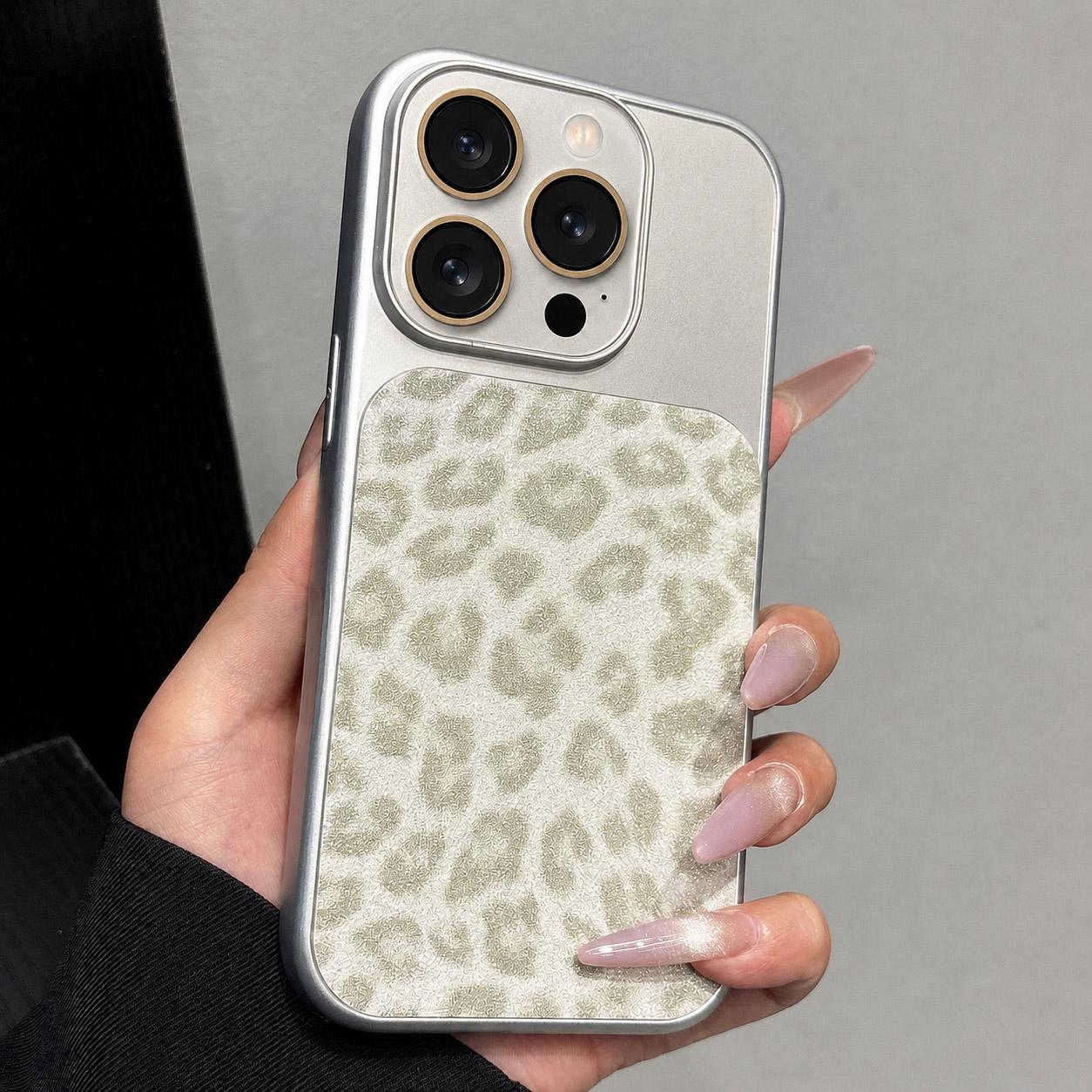For iPhone 14 Pro Max Large Window Full Coverage Glitter Leopard Print Phone Case(White) - Shopkiz.com