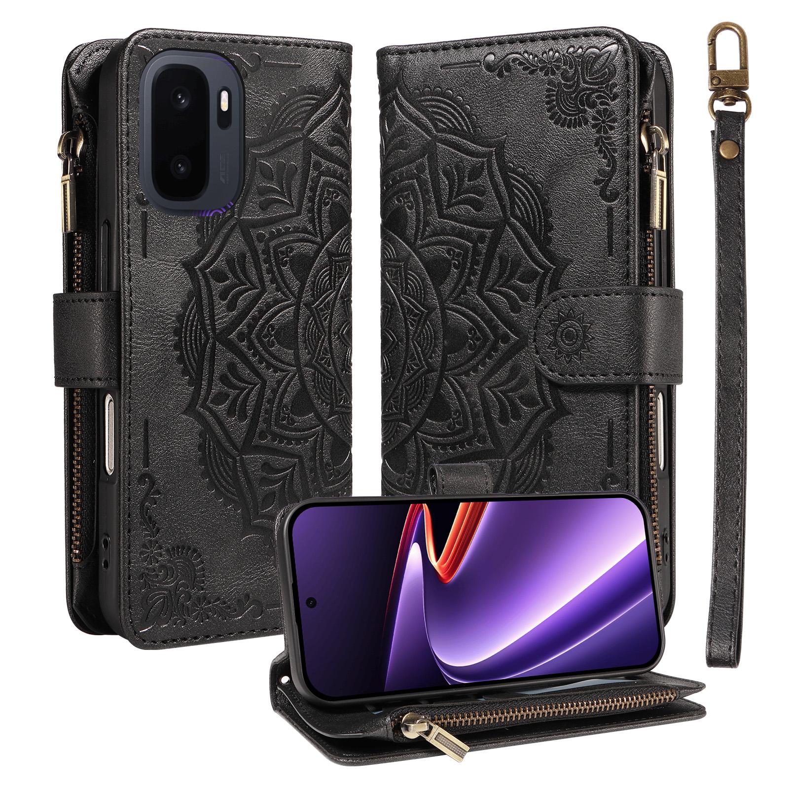For OnePlus Ace 6 Ultra Mandala Embossed 9-Card Zipper RFID Vegan Leather Phone Case with Short Lanyard(Black) - Shopkiz.com