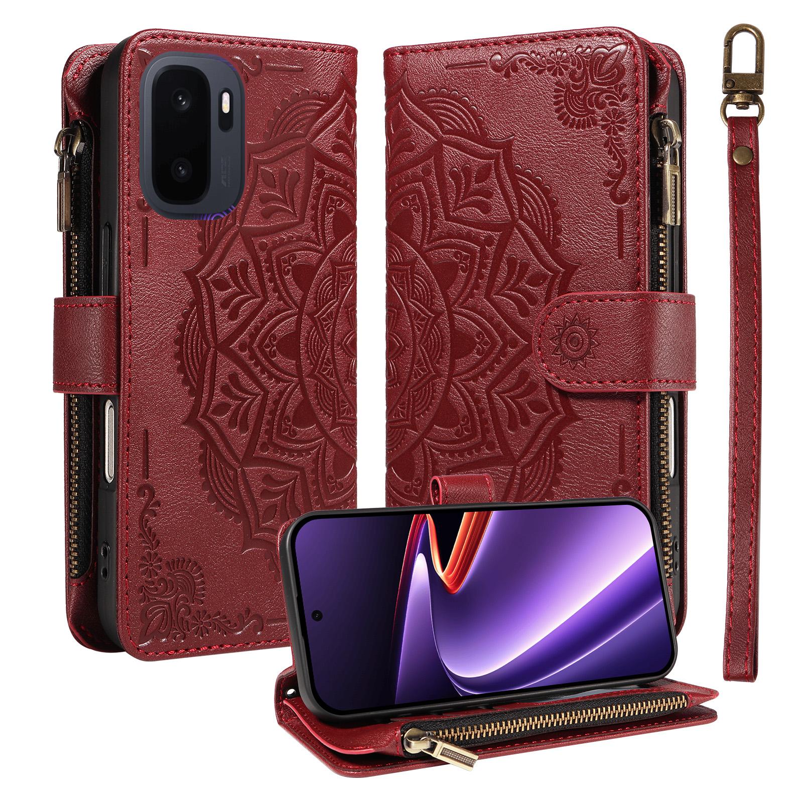 For OnePlus Ace 6 Ultra Mandala Embossed 9-Card Zipper RFID Vegan Leather Phone Case with Short Lanyard(Wine Red) - Shopkiz.com