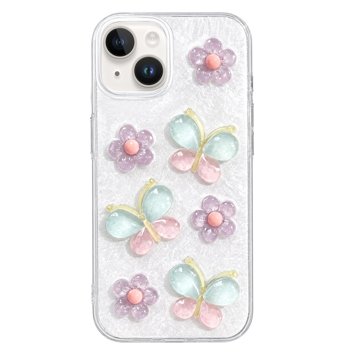 For iPhone 15 Glazed Flowers Butterflies Epoxy Resin PC Phone Case(White) - Shopkiz.com