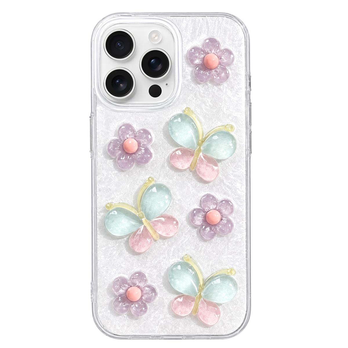 For iPhone 14 Pro Max Glazed Flowers Butterflies Epoxy Resin PC Phone Case(White) - Shopkiz.com