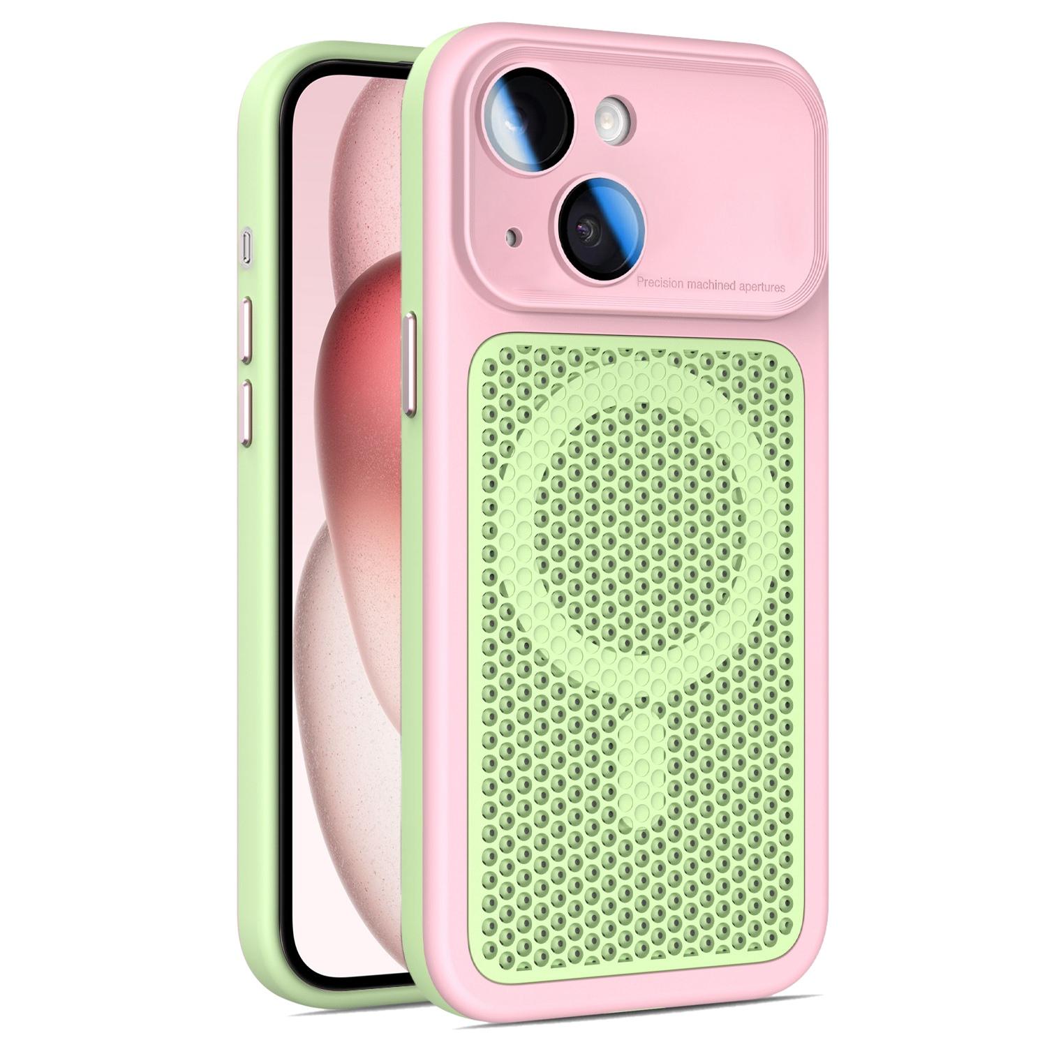 For iPhone 15 Armor Shield Mesh Cooling Magnetic Phone Case with Lens Film(Pink) - Shopkiz.com