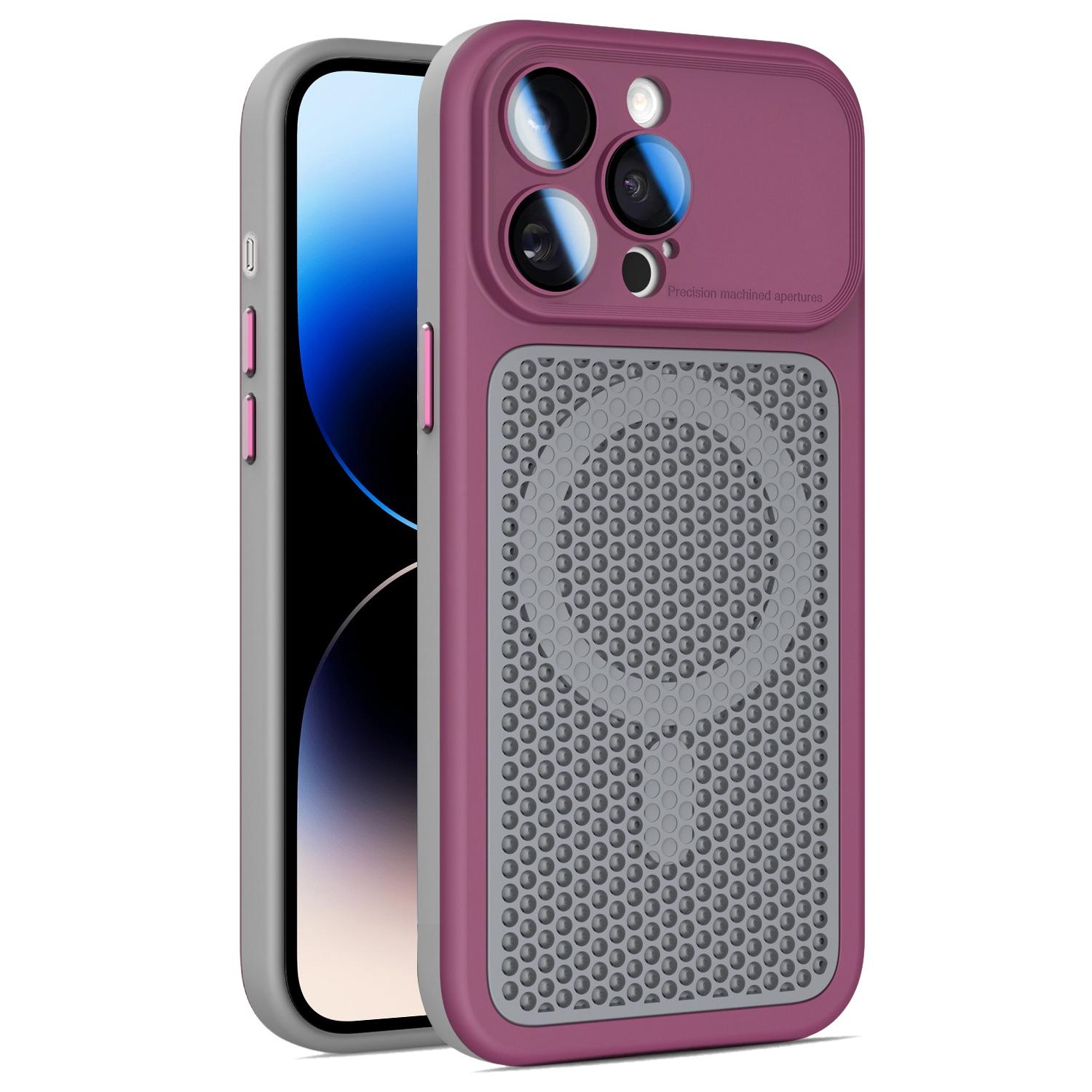 For iPhone 14 Pro Max Armor Shield Mesh Cooling Magnetic Phone Case with Lens Film(Wine Red) - Shopkiz.com