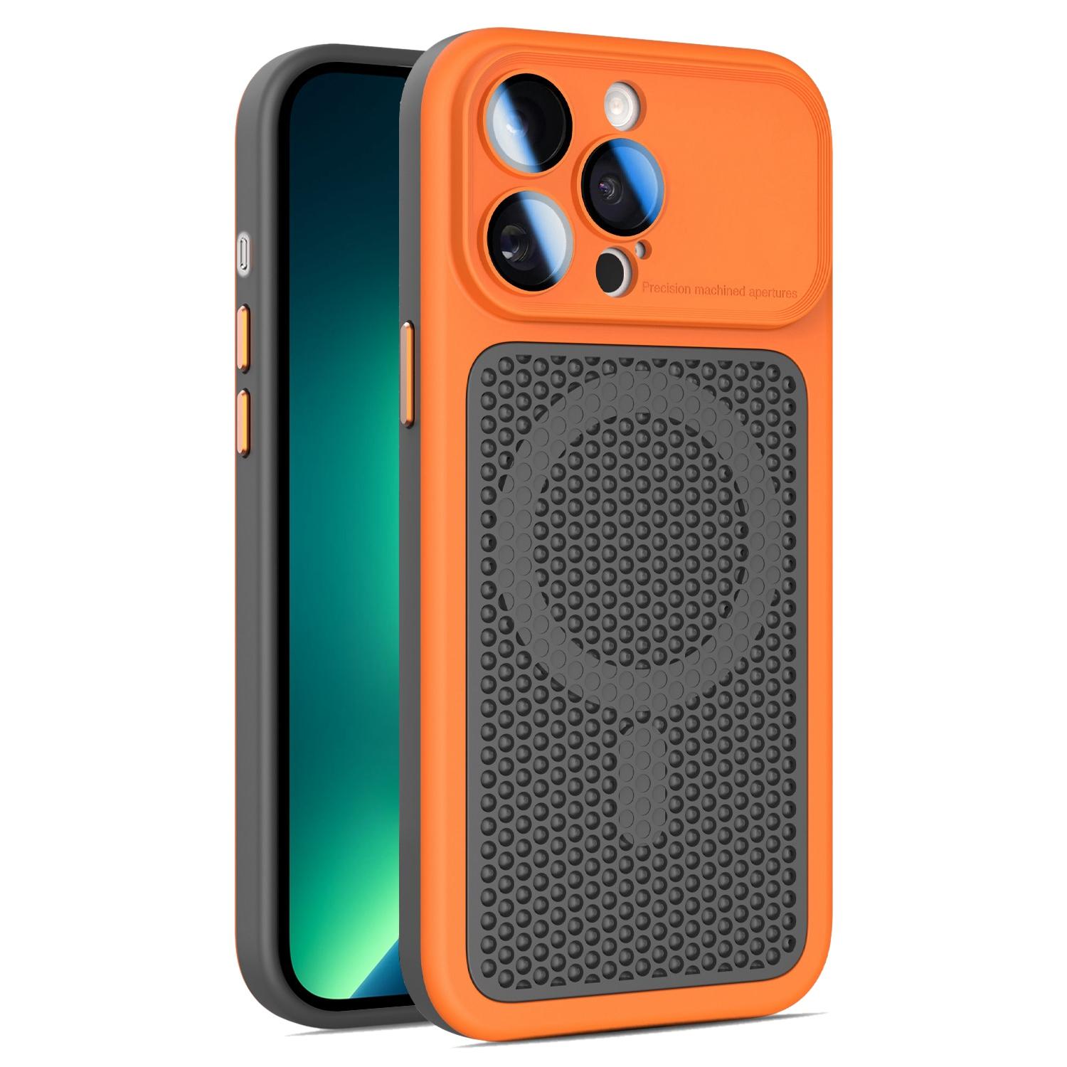 For iPhone 13 Pro Max Armor Shield Mesh Cooling Magnetic Phone Case with Lens Film(Orange) - Shopkiz.com