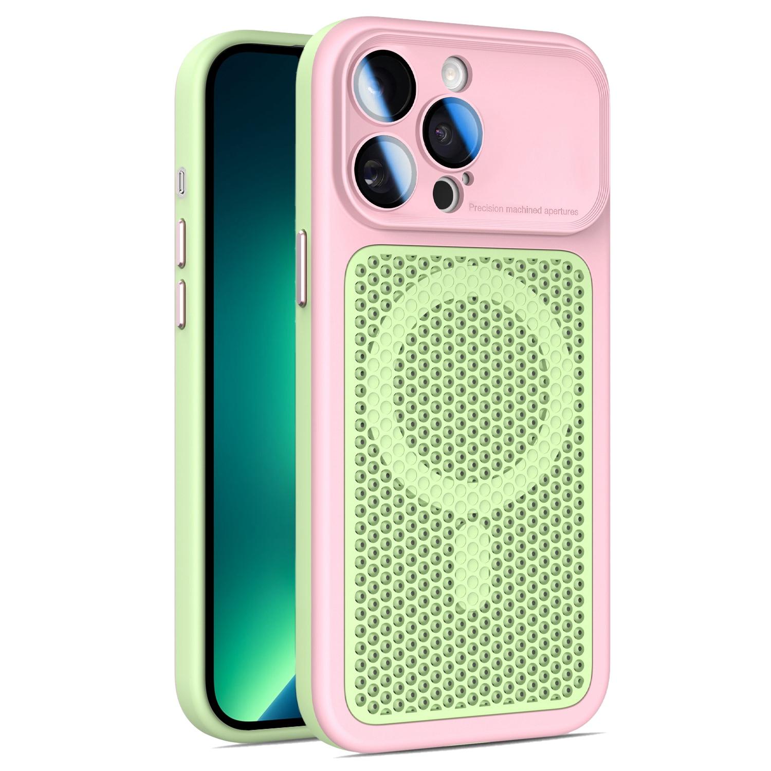 For iPhone 13 Pro Max Armor Shield Mesh Cooling Magnetic Phone Case with Lens Film(Pink) - Shopkiz.com