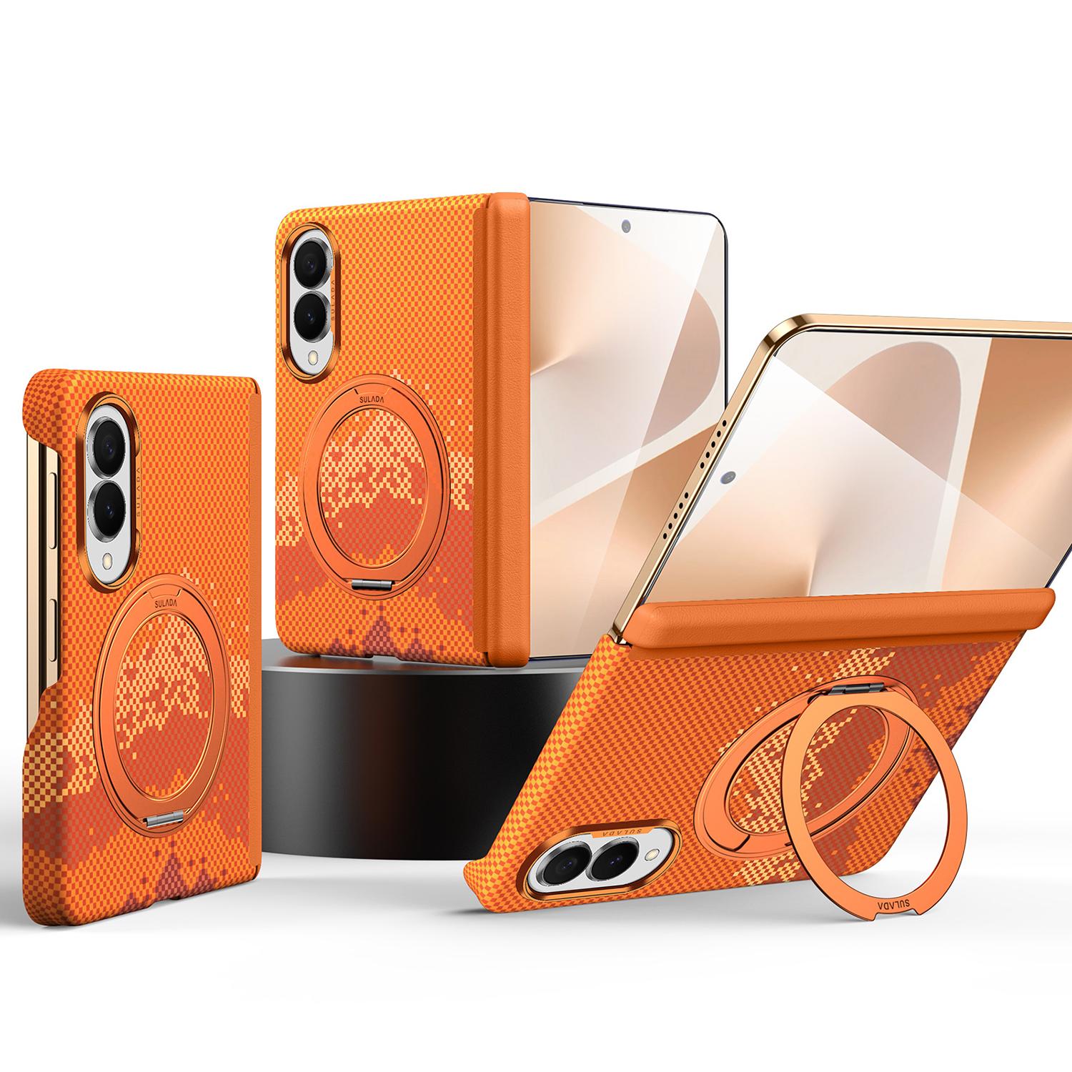 For Galaxy Z Fold8 5G SULADA Kevlar Pixel Grid Texture Rotation Magnetic Holder Phone Case(Orange) - Shopkiz.com