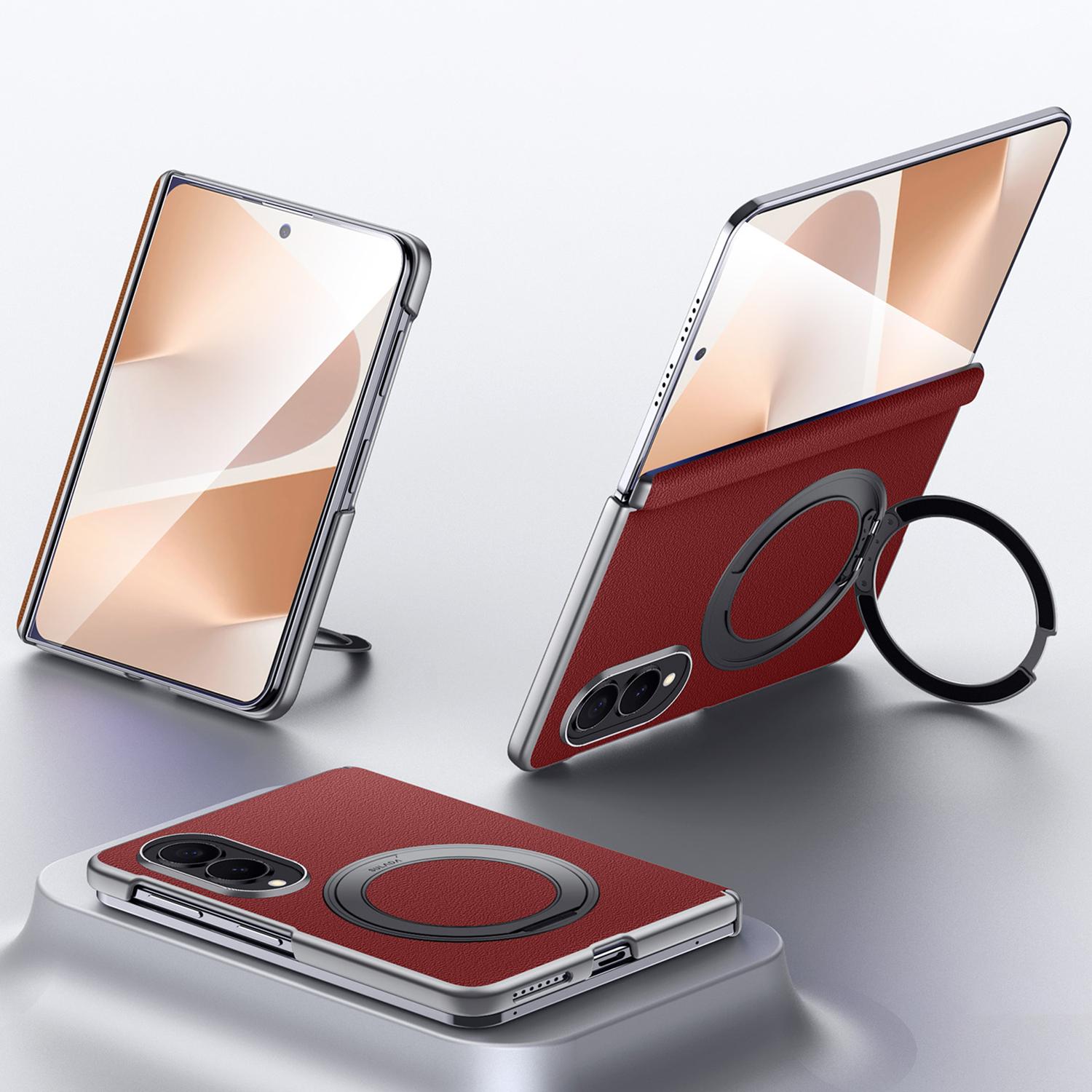 For Galaxy Z Fold8 5G SULADA Top Grain Leather MagSafe Magnetic Holder Phone Case(Red) - Shopkiz.com