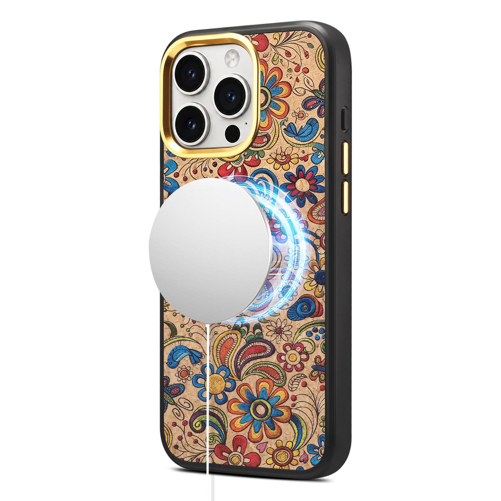 For iPhone 15 Pro Max Denior A28+1 Ethnic Embroider Pattern Style Magnetic Phone Case(Khaki) - Shopkiz.com