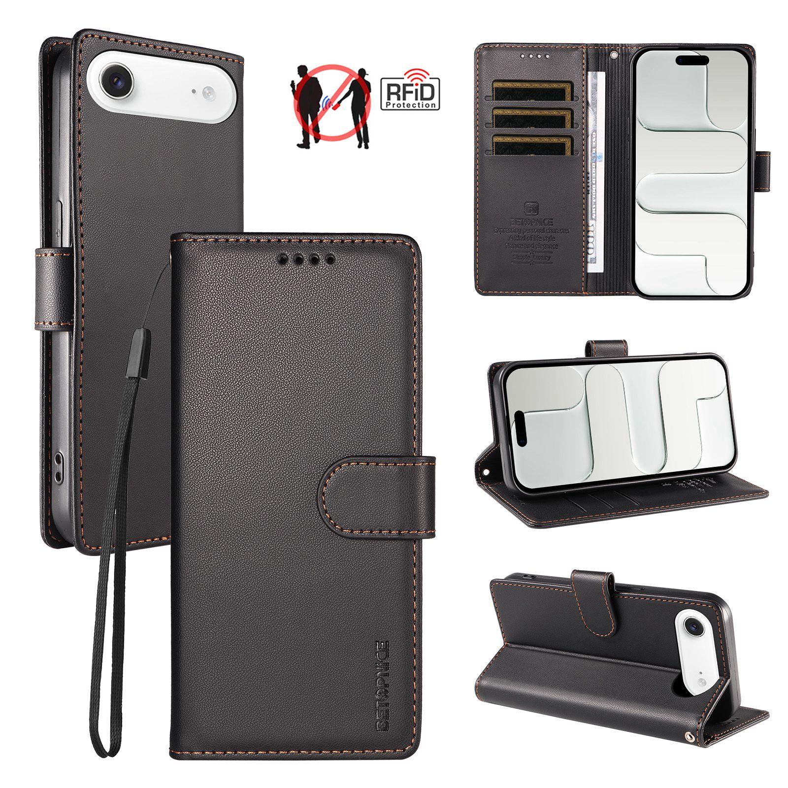 For iPhone Air BETOPNICE Pearlescent RFID Vegan Leather Phone Case with Strap(Black) - Shopkiz.com