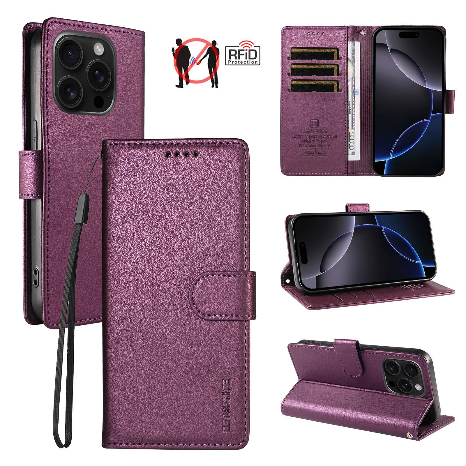 For iPhone 16 Pro Max BETOPNICE Pearlescent RFID Vegan Leather Phone Case with Strap(Purple) - Shopkiz.com