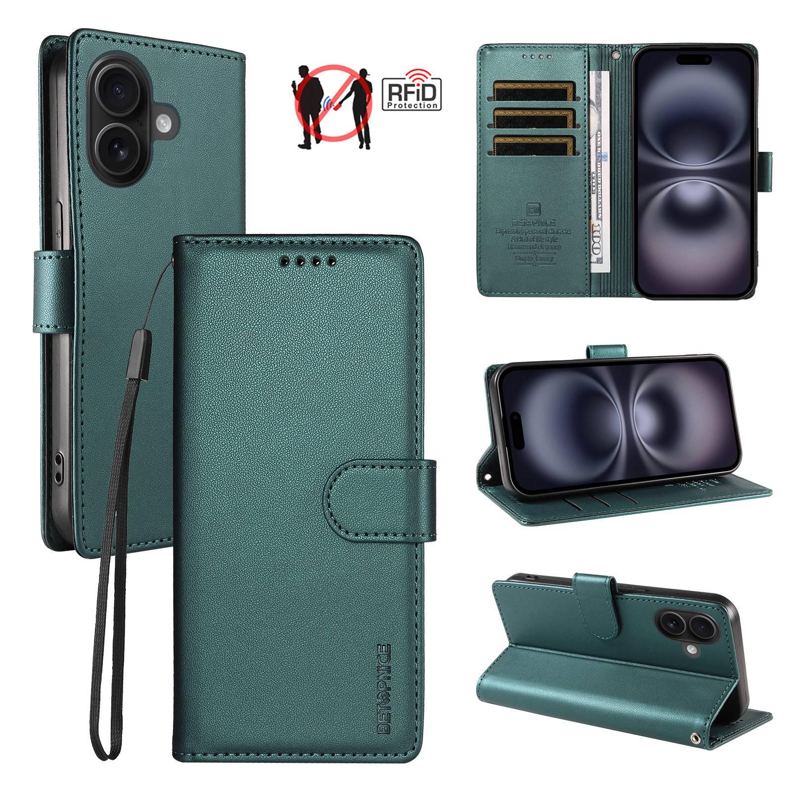 For iPhone 16 BETOPNICE Pearlescent RFID Vegan Leather Phone Case with Strap(Green) - Shopkiz.com