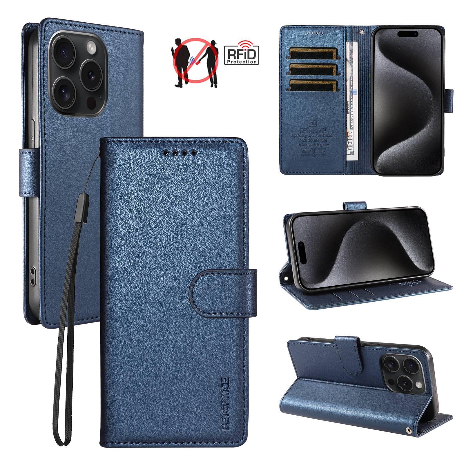 For iPhone 15 Pro Max BETOPNICE Pearlescent RFID Vegan Leather Phone Case with Strap(Blue) - Shopkiz.com