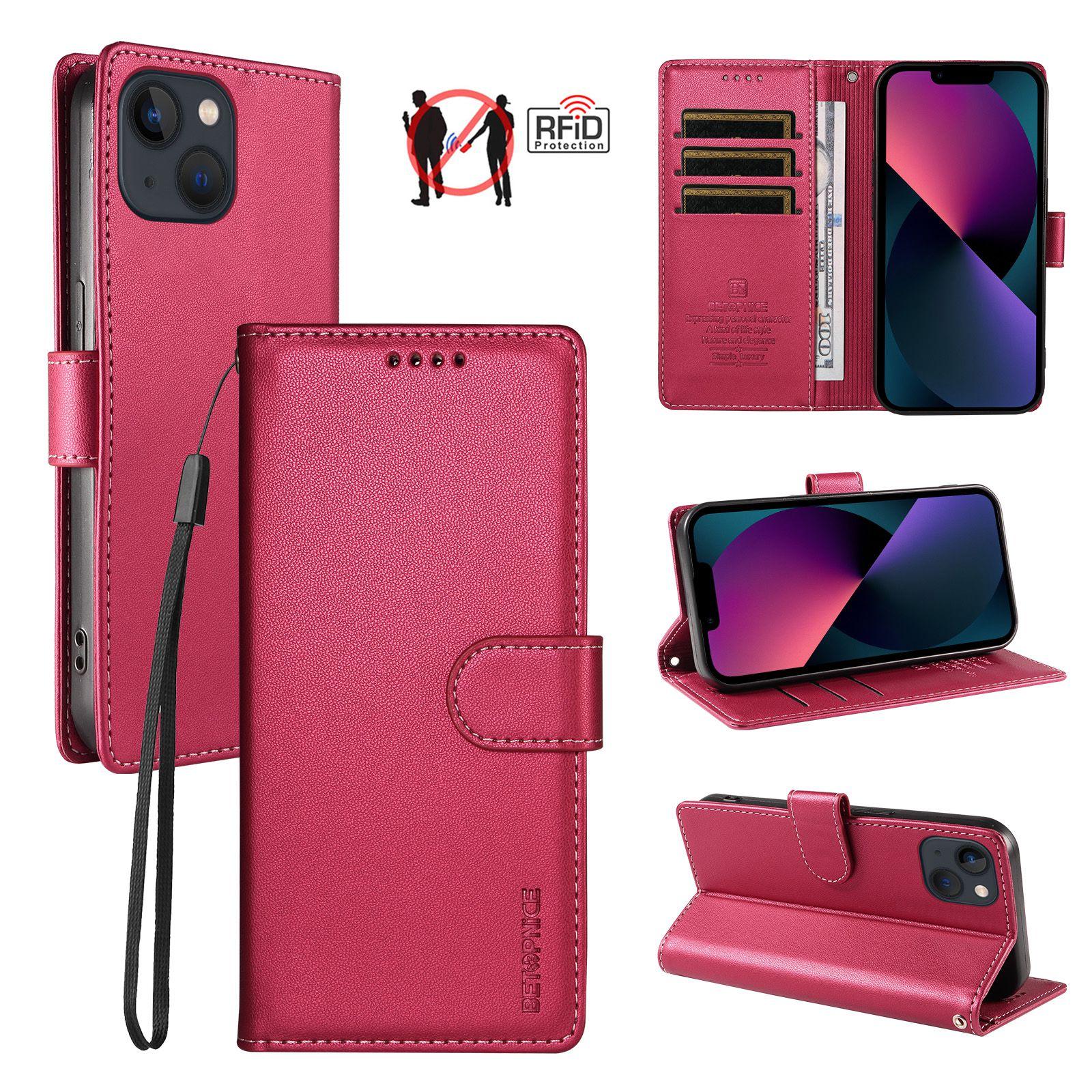For iPhone 14 Plus BETOPNICE Pearlescent RFID Vegan Leather Phone Case with Strap(Red) - Shopkiz.com